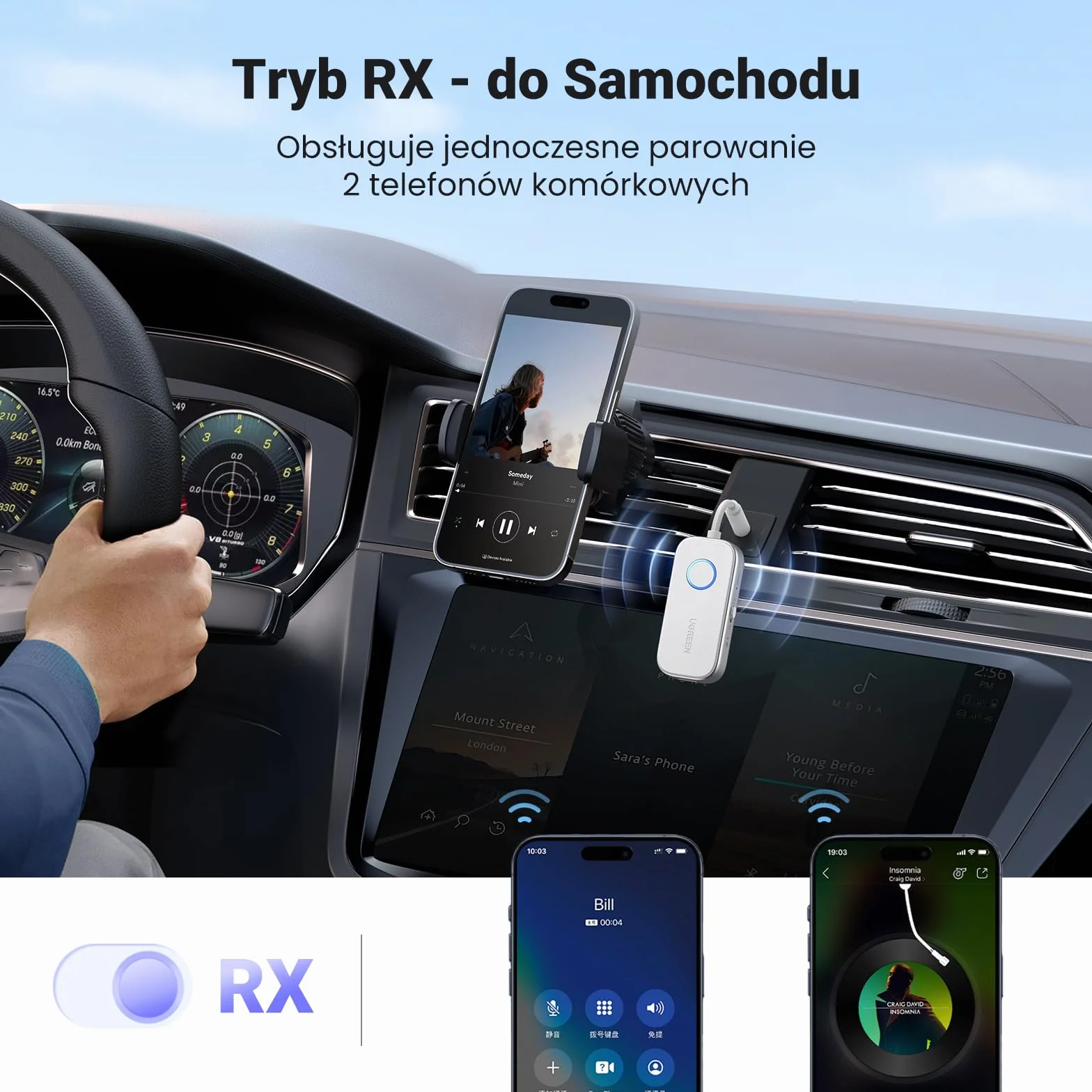 UGREEN Nadajnik Bluetooth 6.0 Jack 2 w 1 Odbiornik nadajnika dla dwóch słuchawek Adapter Bluetooth kompatybilny z samolotem, telewizorem, stereofonicznym rozdzielaczem audio BT