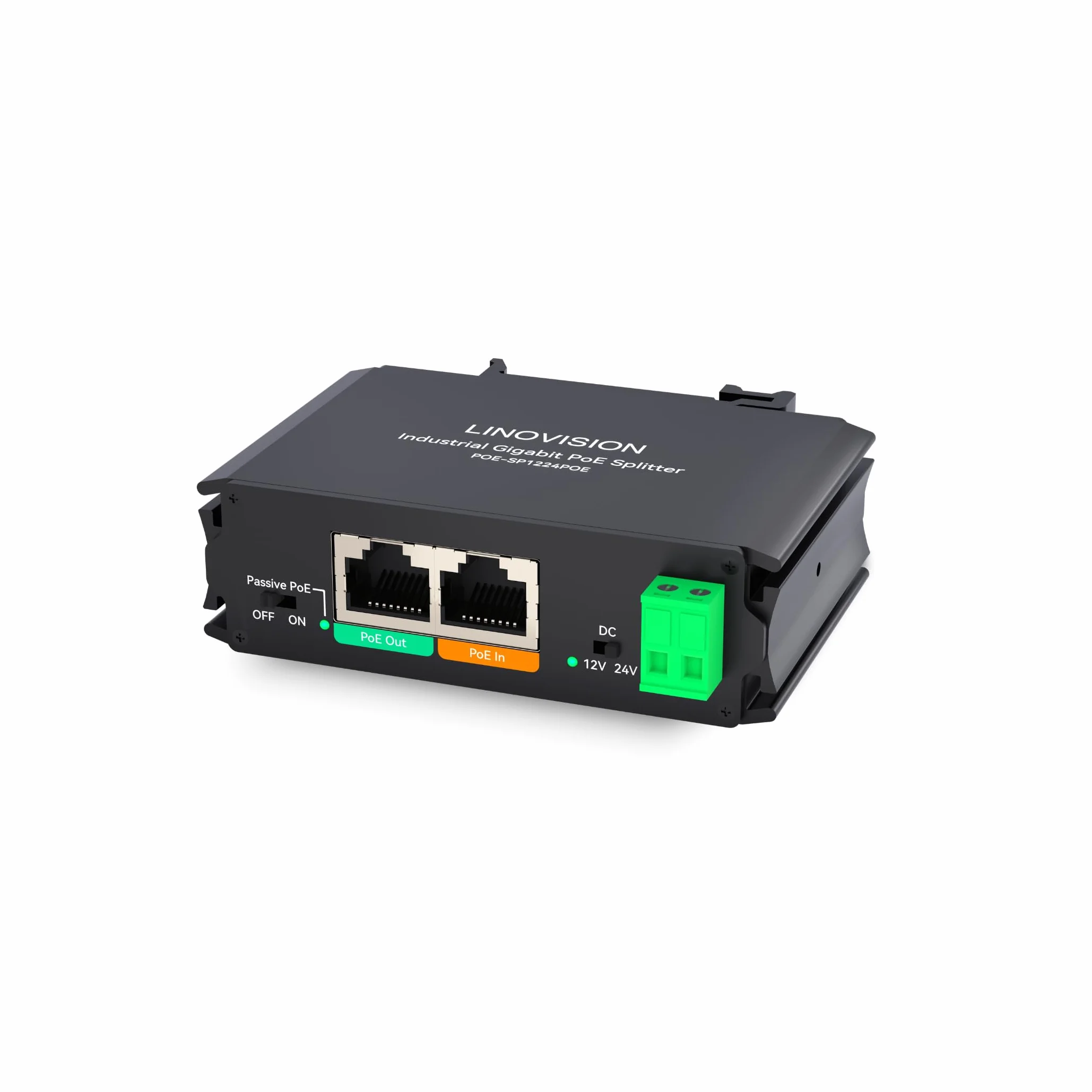 LINOVISION Przemysłowy Rozgałęźnik PoE Gigabit 30W z wyjściem DC 12V i pasywnym wyjściem PoE 12V, przeznaczony do kamer i systemów IoT