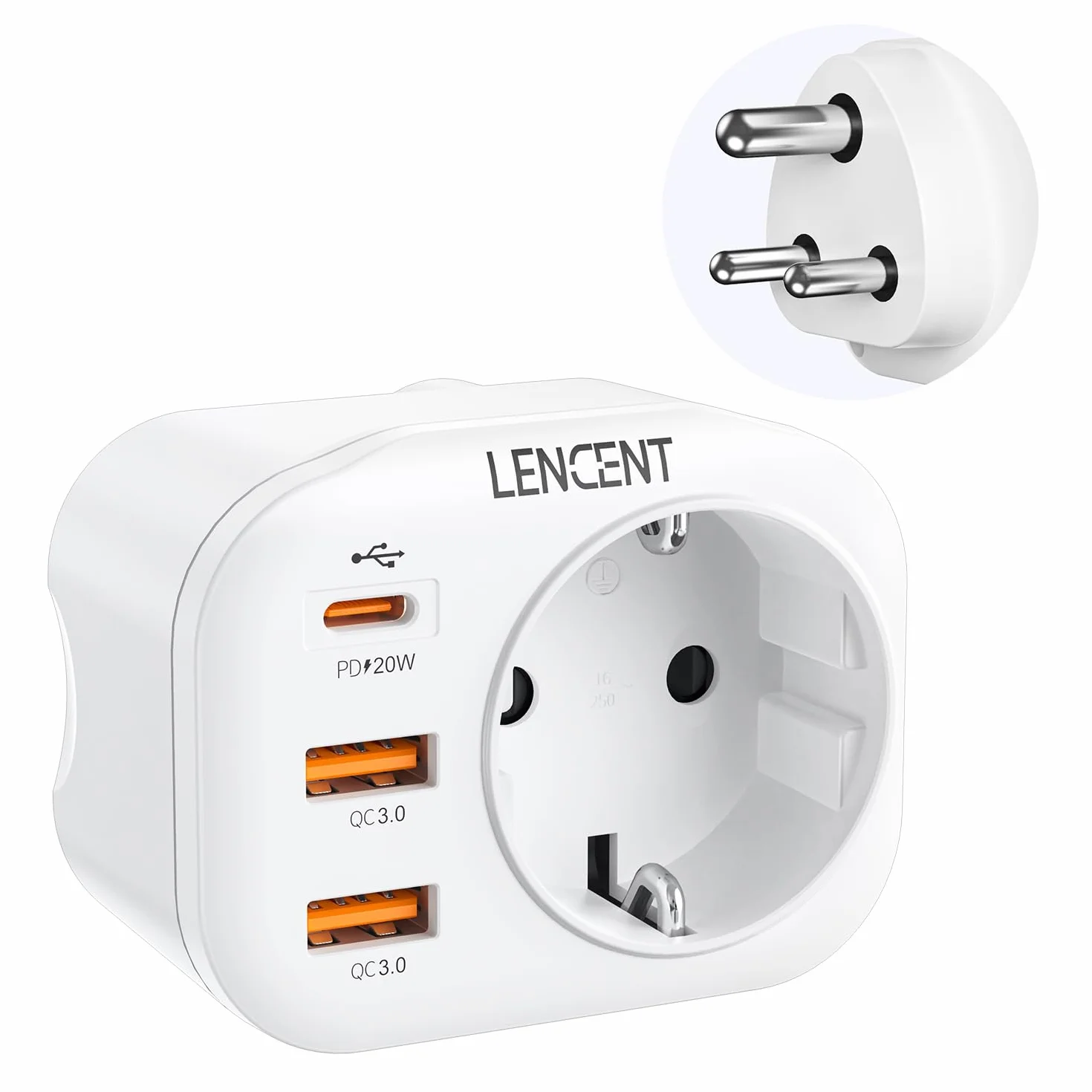 LENCENT 4-w-1 Szybkie ładowanie Adapter Podróżny IN Adapter Indie Wtyczka, Typu-D Wtyczka Podróżna Adapter z 2 USB QC3,0 + 1 Typu C PD 20W, Polski/EU do Sri Lanki, Indii, Nepalu, Biały