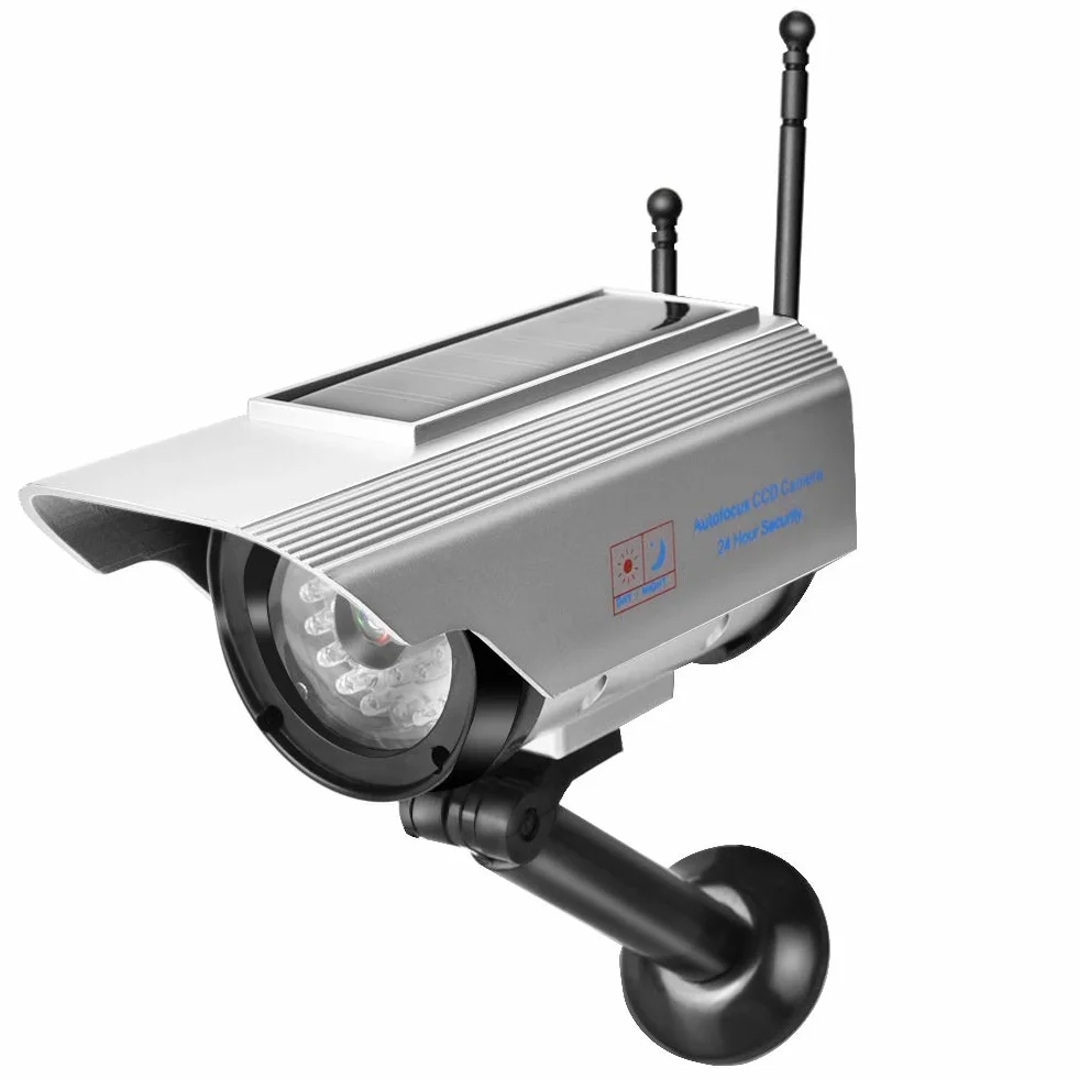 Fake Camera, srebrny solarny i zasilany bateriami, migający wyświetlacz LED, wodoszczelny, łatwy w instalacji aparat Fake