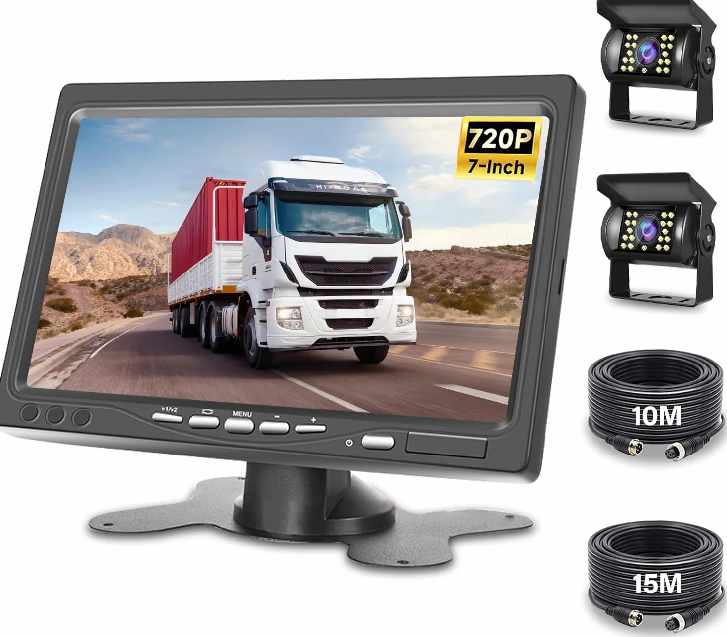 Samochodowa kamera cofania z 7-calowym wyświetlaczem LCD, monitor samochodowy z kamerą cofania IP67, wodoodporna 18 IR noktowizor - 2 kamery cofania + 2 kable do ciężarówki, autobusu/van/przyczepy 12