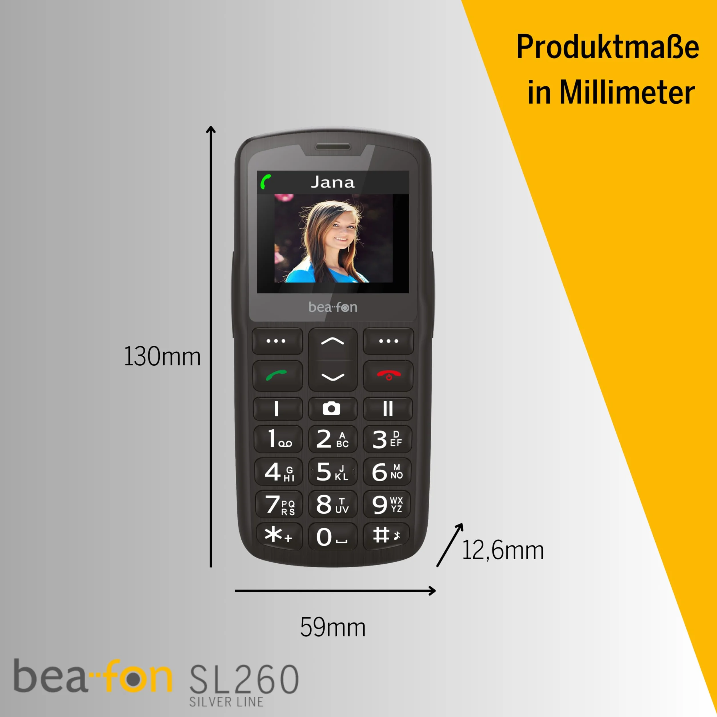 Beafon, SL260, Silverline, telefon komórkowy, bartype, telefon z przyciskami, telefon dla seniora, przycisk alarmowy SOS, 2,2" (5,58 cala), srebrny