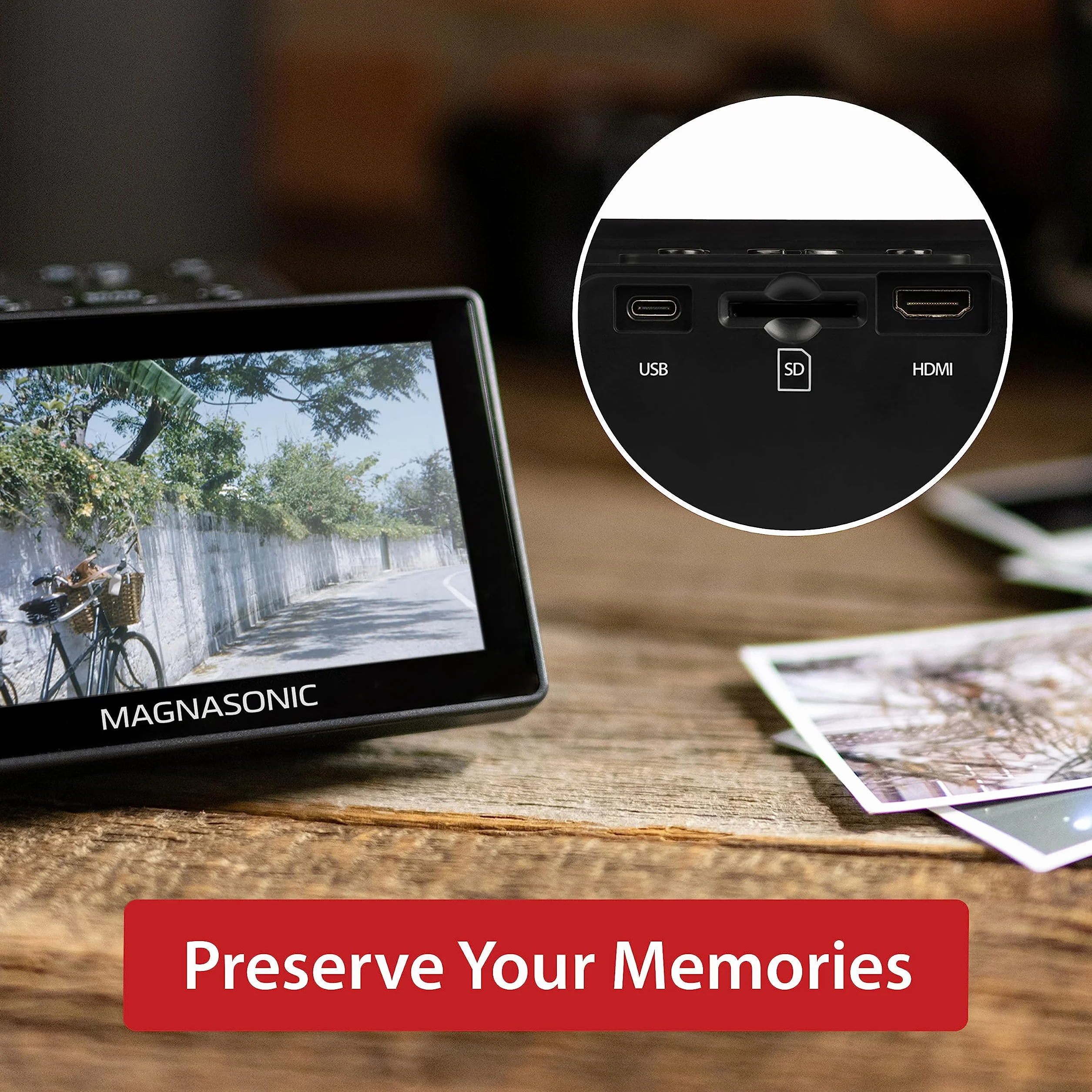 Skaner do filmów Magnasonic All-in-One 25MP z dużym wyświetlaczem 5" i HDMI – konwertuje klisze 35mm/126/110/Super 8 i slajdy 135/126/110 na zdjęcia cyfrowe, wbudowana pamięć
