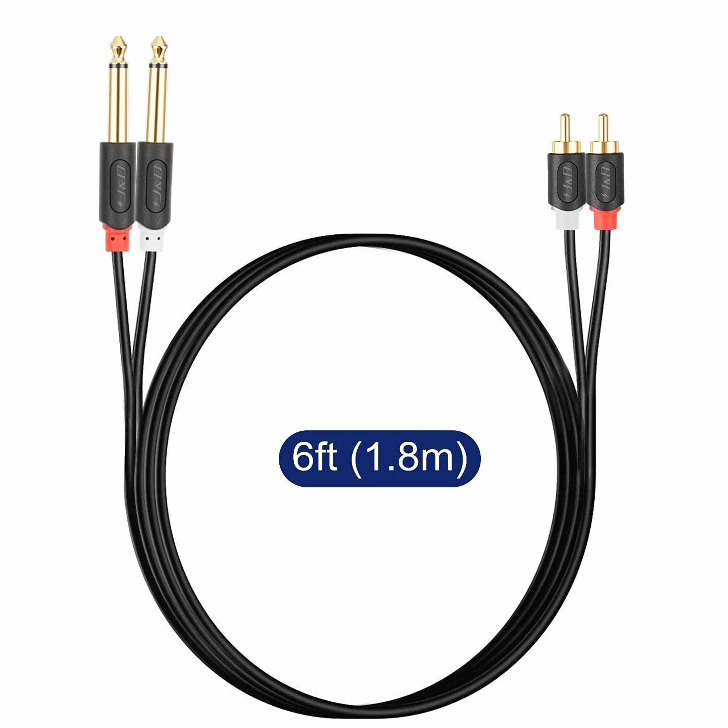 J&D Podwójny 1/4 Calowy TS do Podwójnego RCA Stereo Audio Interconnect Kabel, Złocony Audiowave Series 2 x 6.35 mm Męski TS do 2 RCA Męski Kabel Adaptera PVC, 1,8 Meter