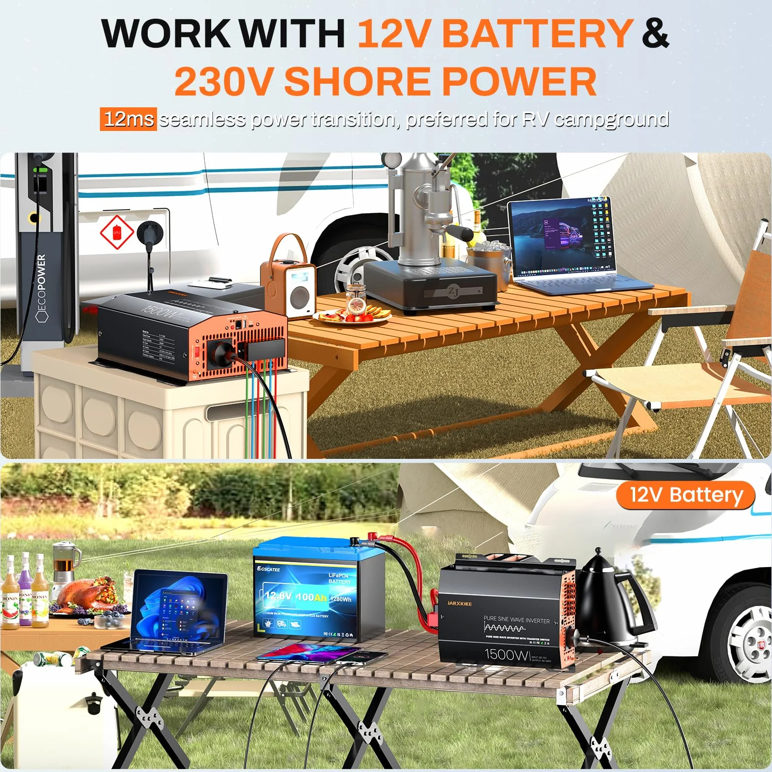Falownik 12 V na 230 V, czysty sinus 1500 W/3000 W z automatyczną ATS, przełączaniem sieci, LCD i pilotem zdalnego sterowania, do przyczep kempingowych, samochodów ciężarowych, na kemping, zasilanie