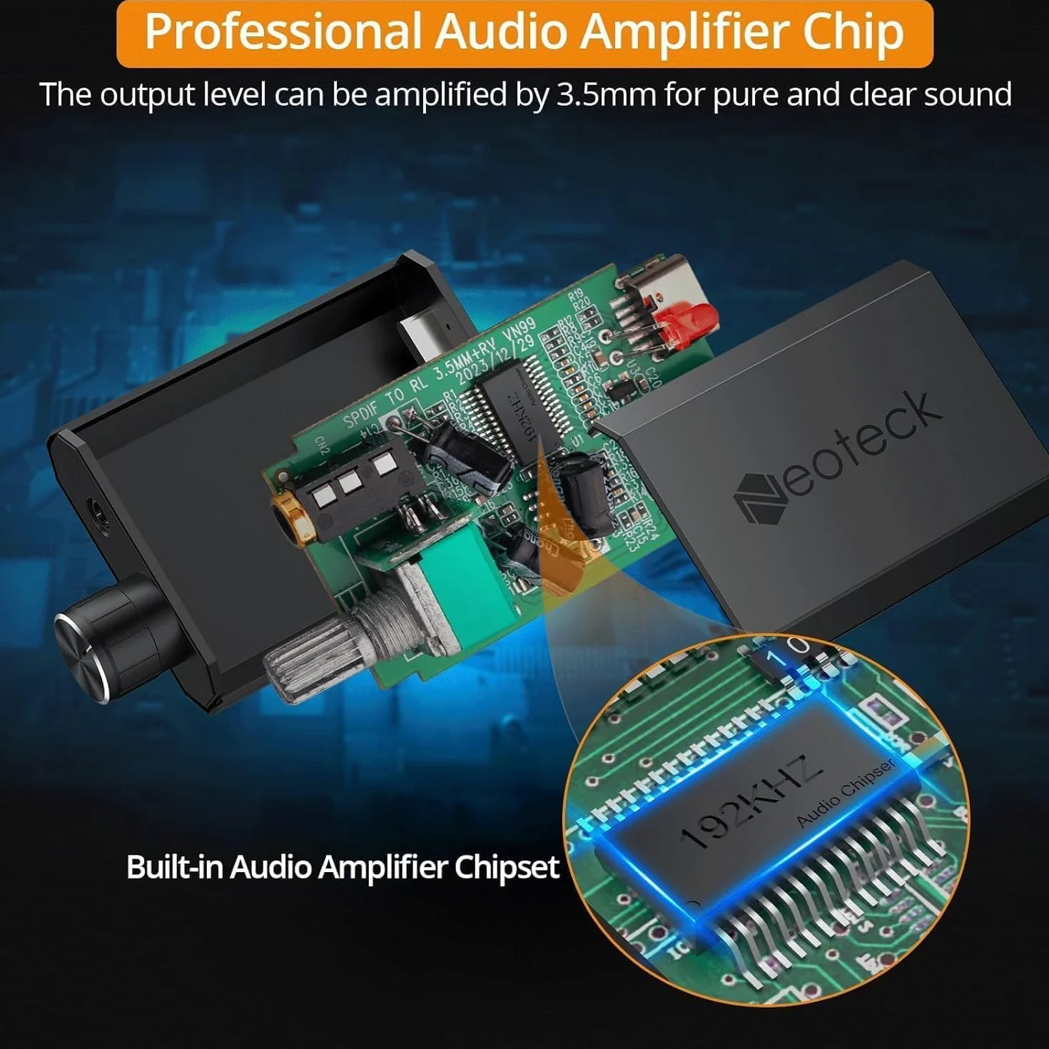 Neoteck Konwerter cyfrowy na analogowy 192 kHz z regulacją głośności, konwerter optyczny na 3,5 mm z wbudowanym chipsetem wzmacniacza, konwerter DAC, kompatybilny ze słuchawkami 3,5 mm, głośnikiem