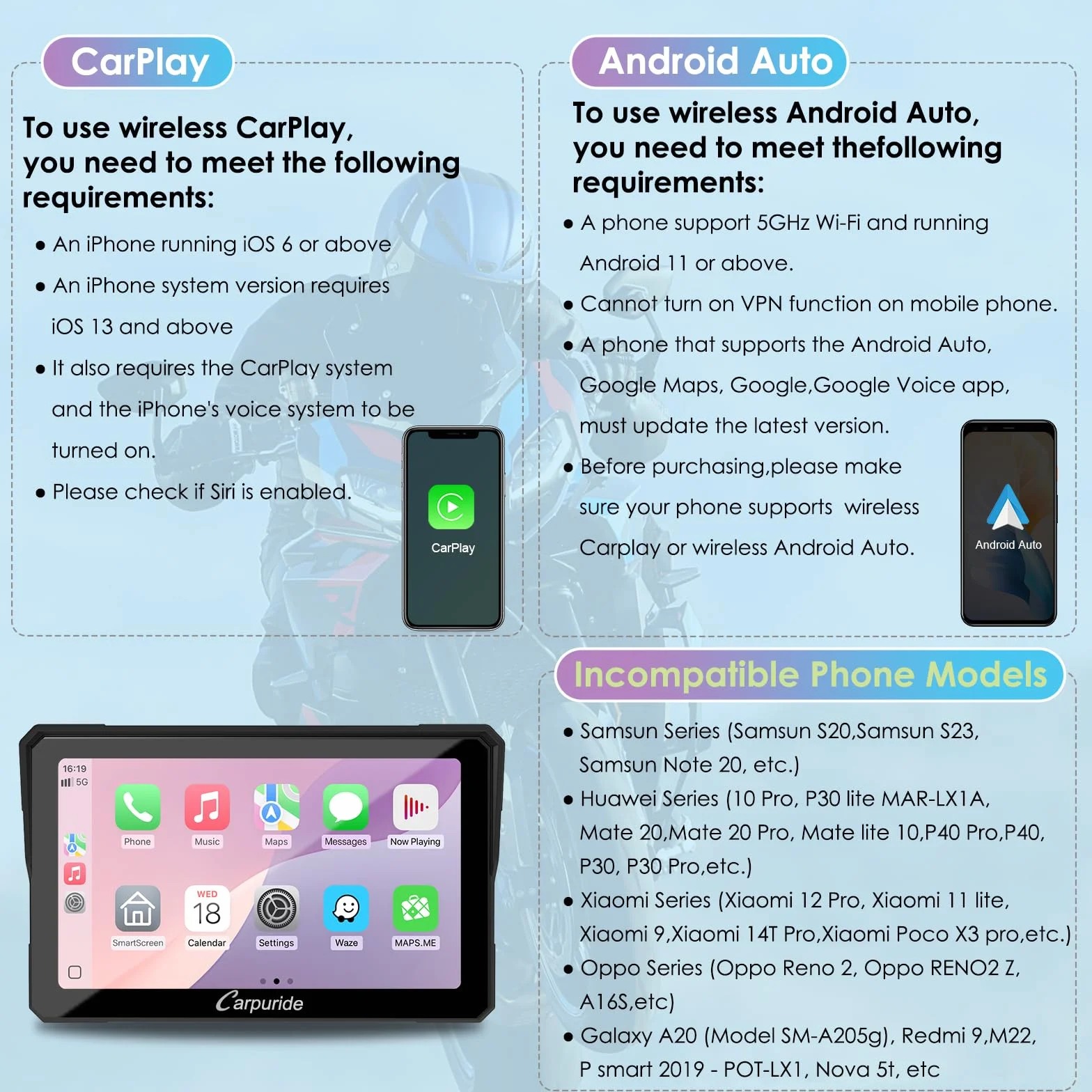 CARPURIDE W702S Moto Carplay ekran z uchwytem BM05 do Plug and Play, CarPlay i Android Auto, przenośny 7-calowy wodoodporny ekran dotykowy, kontroler przewodowy, nawigacja.