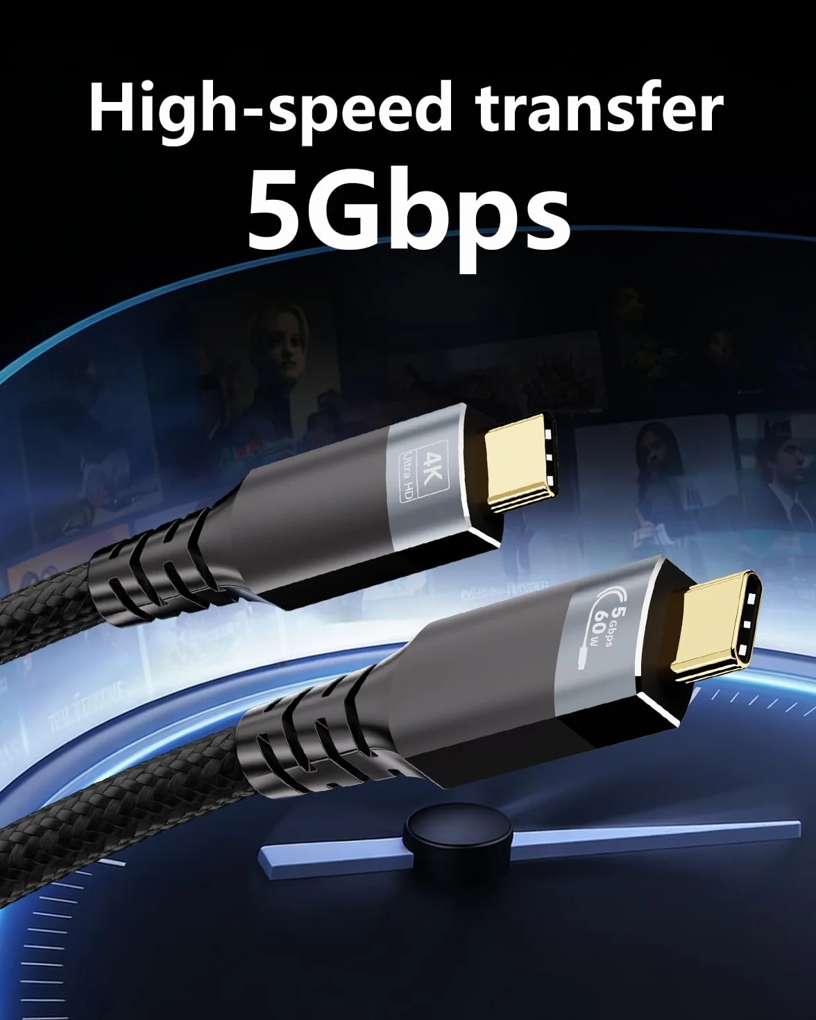 Bardzo długi kabel USB C na USBC, transmisja danych 5 Gb/s, szybkie ładowanie typu 60 W, PD 3.1, wyjście wideo 4K/60 Hz, czarny, pleciony design, uniwersalny do laptopa, stacji dokującej