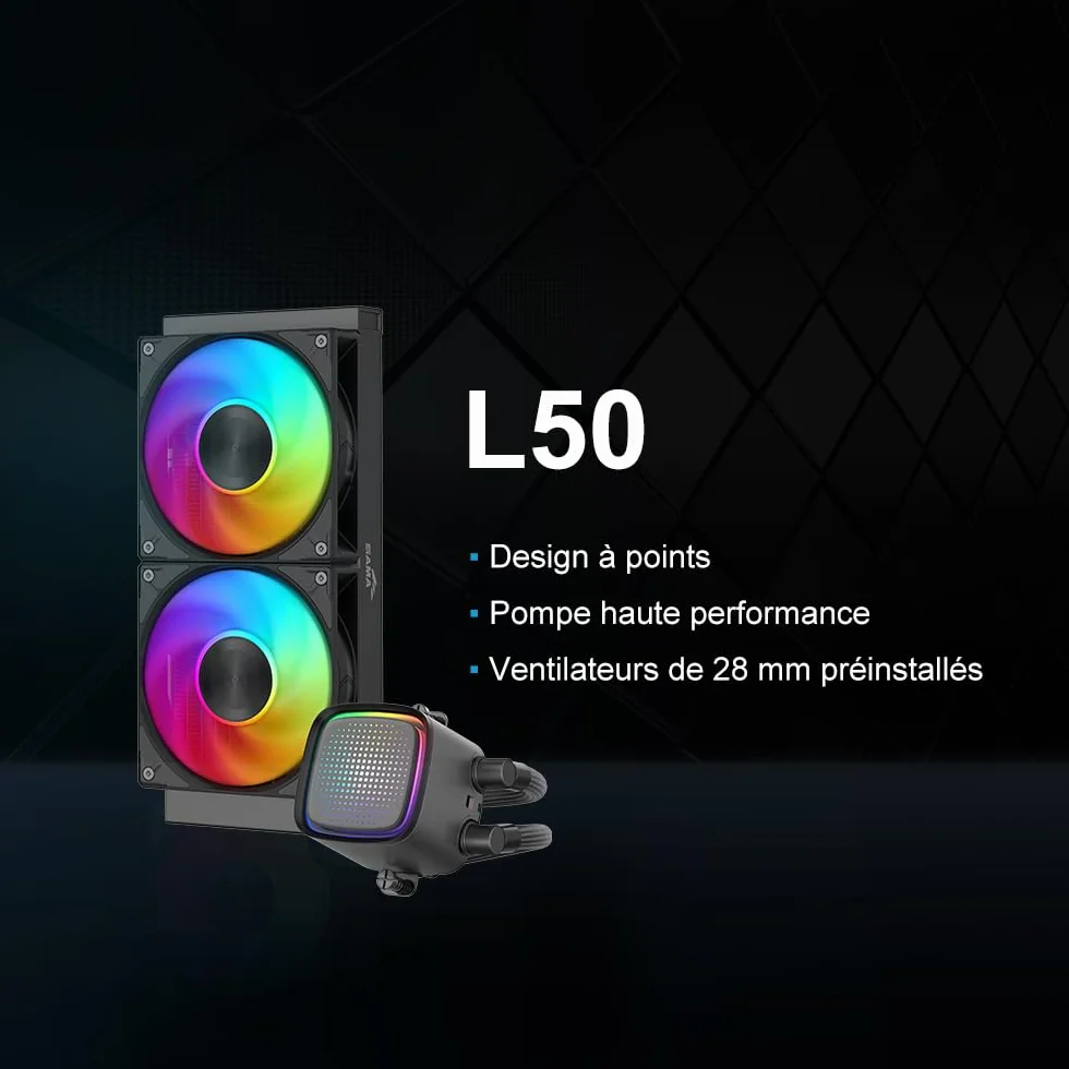 Chłodzenie wodne CPU SAMA L50 240 mm, efekt nieskończonego lustra, czarny | Intel LGA 1851/1700/1200/115X, AMD AM5/AM4, 2x120mm ARGB (synchronizacja z płytą główną), PWM, cicha praca, wentylatory 28 mm