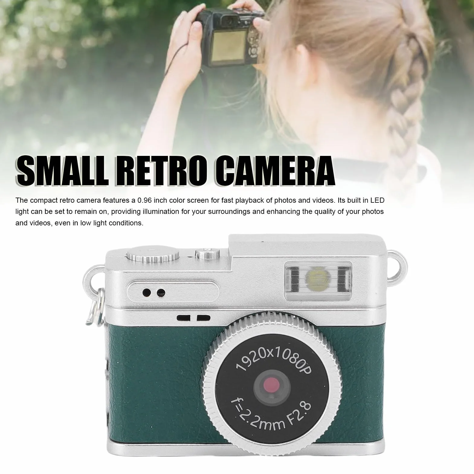 Bewinner Vintage Mini Digital Camera, Styl Retro 1080p FHD Kamera Wideo, LED Fill Light Pocket Cyfrowe Kamery, Przenośna Kompaktowa Kamera Kieszonkowa z kartą 128 GB (GREEN)