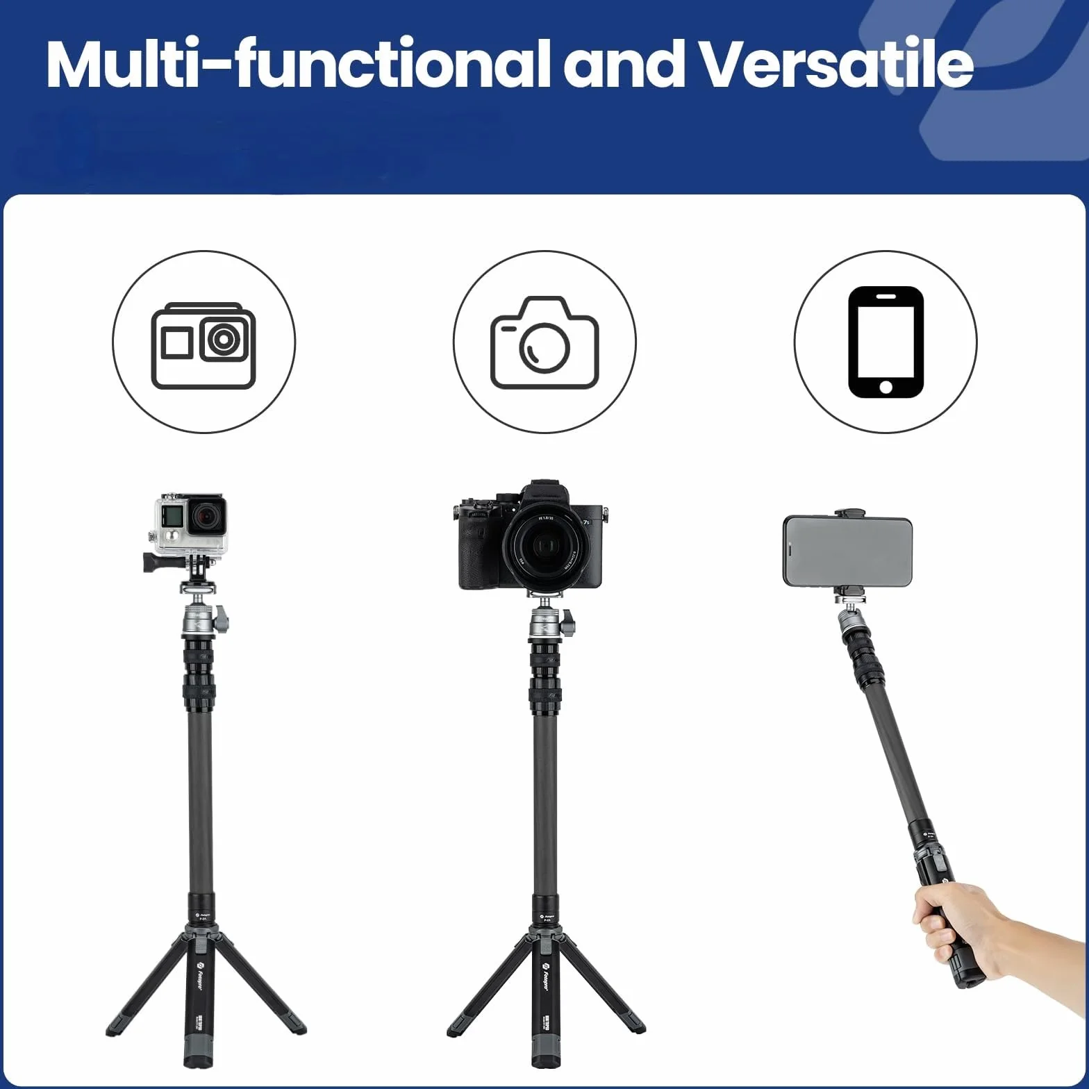 Fotopro Mini statyw do aparatu z rurą przedłużającą z włókna węglowego 90 cm 360 stopni głowica kulowa wysuwana profesjonalna lustrzanka DSLR statyw do aparatu Nikon Canon Sony iPhone Vlog maks. obciążenie 3 kg 6,61 lbs