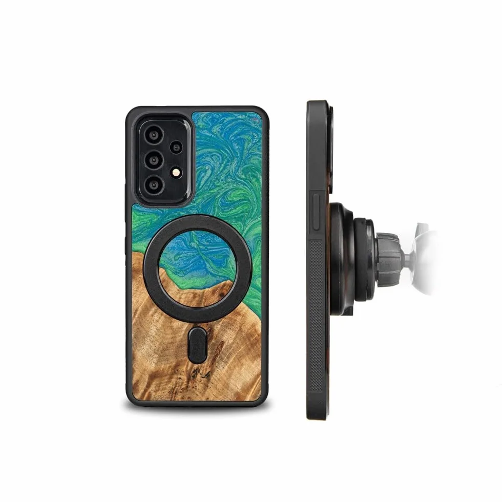 Unikalne etui kompatybilne z Samsung Galaxy A73 5G, ręcznie wykonane etui ochronne z naturalnego drewna i żywicy, neonowe wzornictwo, odporne na uderzenia, kompatybilne z MagSafe