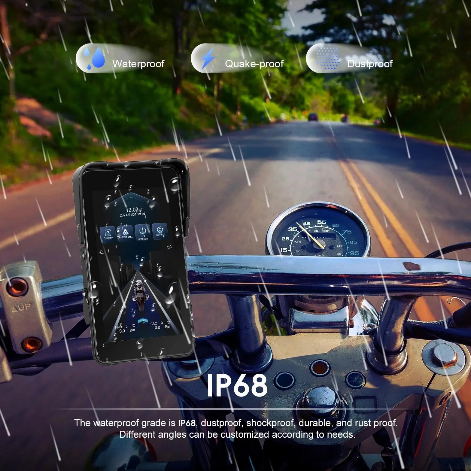 Moto CarPlay ekran do motocykli, bezprzewodowy CarPlay i Android Auto 5", wyświetlacz HD 5", wodoszczelność IP68, z Bluetooth, obsługa TPMS, zdejmowane zabezpieczenie przed kradzieżą