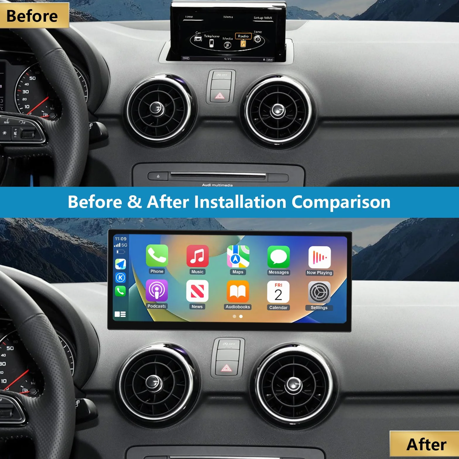 Radio samochodowe Ninetom z ekranem dotykowym 12,3 cala i bezprzewodową funkcją CarPlay i Android Auto do Audi A1 z lat 2012–2018 z systemem 3G MMI/RMC, obsługuje Mirrorlink, kamerę, nawigację