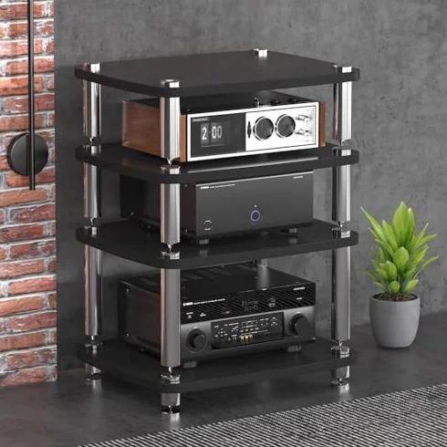 4-warstwowy stojak audio HIFI do urządzeń strumieniowych - stylowy stojak na kino domowe z nóżkami amortyzującymi do komponentów AV (rozmiar: 60 x 48 x 38 cm, kolor: D)
