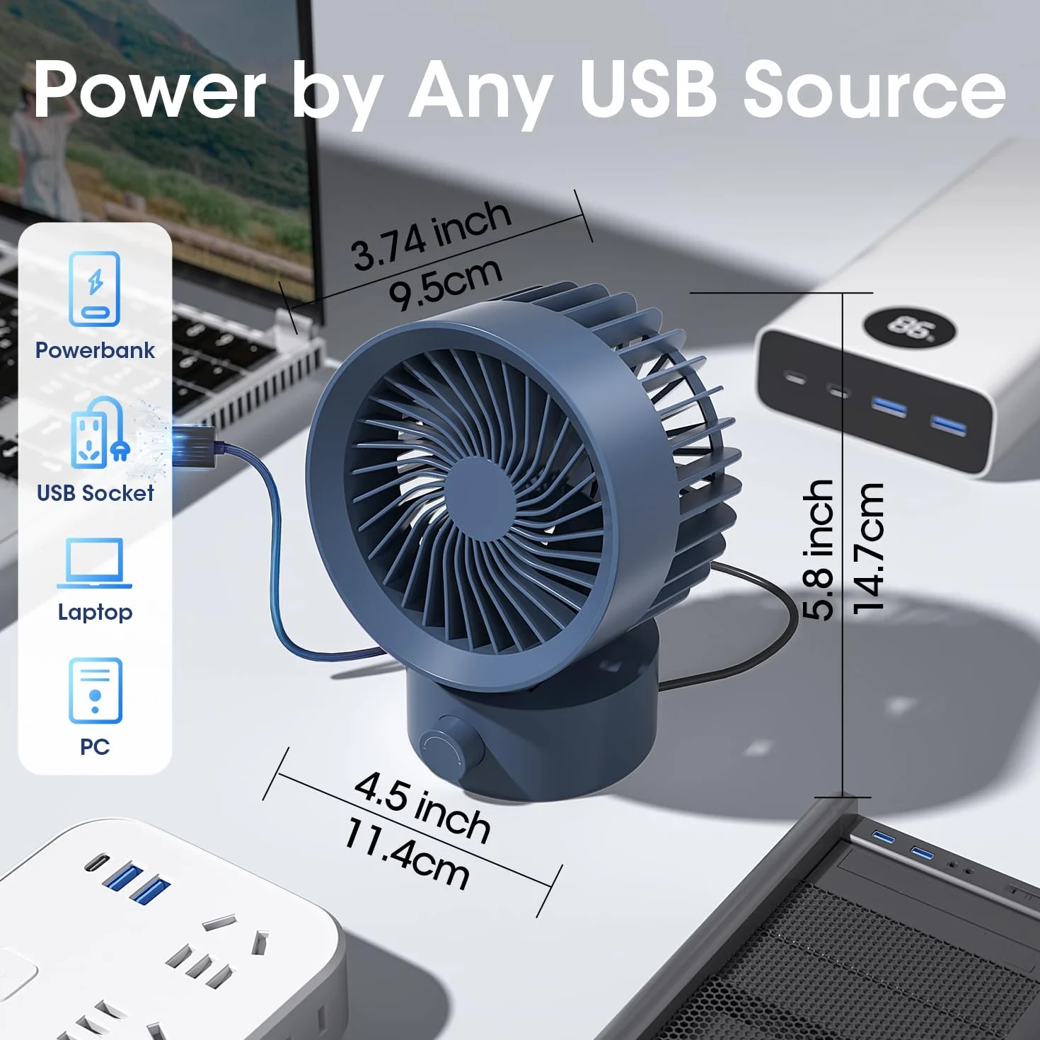 USB Desk Fan Small Quiet, Stepless Speed Flexible Adjust Mini Fans for Home Office Dorm Desktop, Portable Travel Fan Personal Cooling, Plug In USB Powered, Blue