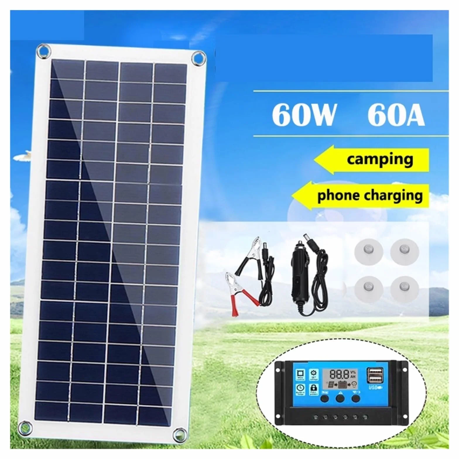 łAdowarka Z Panelem SłOnecznym Zestaw paneli słonecznych 60W kompletny podwójny port USB z kontrolerem ogniwa słoneczne do samochodu jacht RV łódź ładowarka do telefonu Moblie(Only Solar Panel)