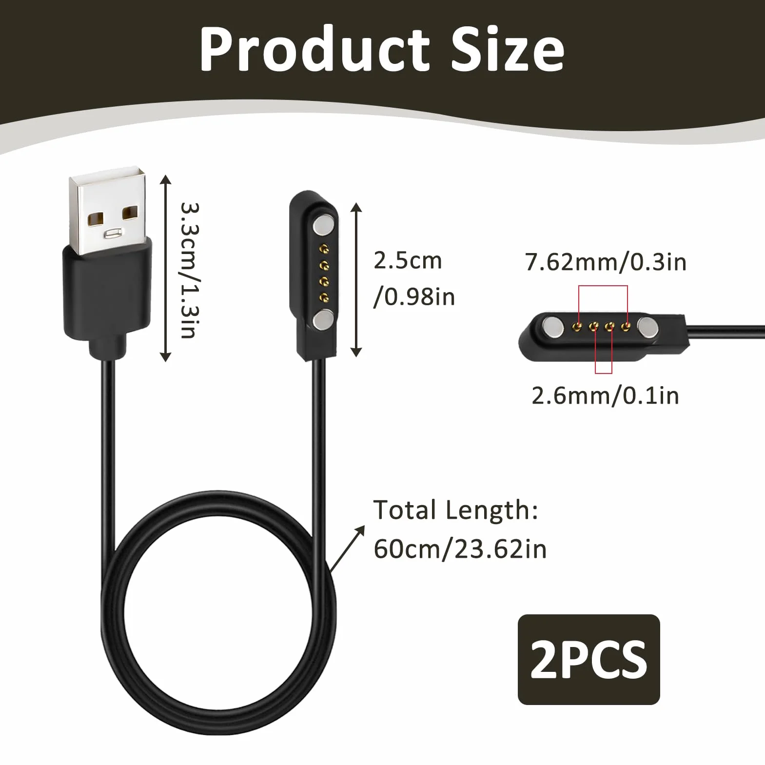 2 sztuki kabla do ładowania kompatybilnych z 4-biegunowym Pitch 7,62 mm, inteligentny zegarek, magnetyczny kabel do ładowania smartwatcha 4-pinowego, uniwersalny kabel do ładowania, magnetyczny