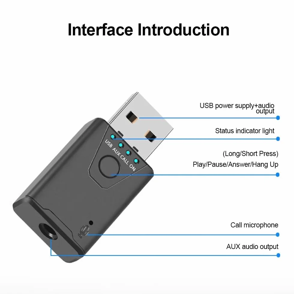 USB Bluetooth 5.4 odbiornik audio, Bluetooth Dongle, Stereo 3,5 mm AUX bezprzewodowy adapter USB do zestawu samochodowego TV PC słuchawki