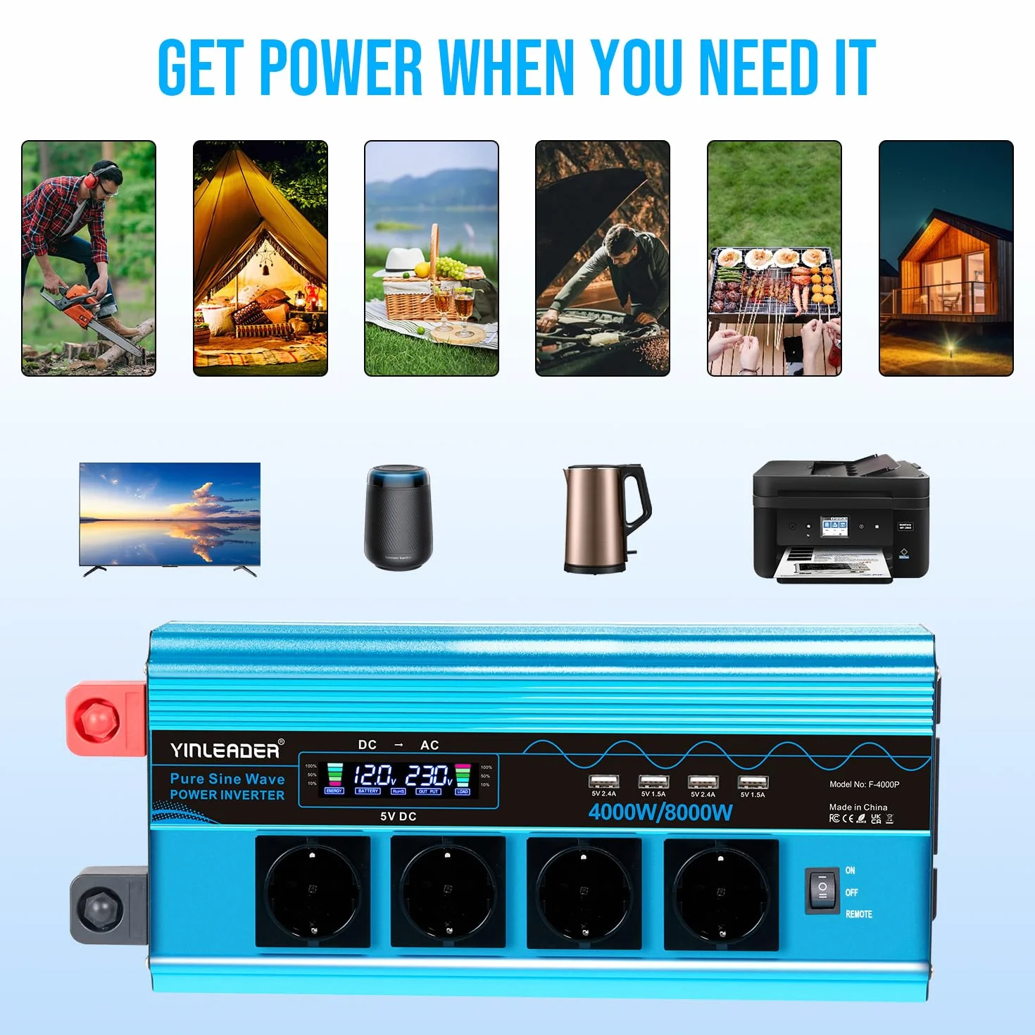 Yinleader Konwerter napięcia 12V 220V czysty sinus 4000 W/8000W LCD konwerter napięcia, 4 USB (z pilotem)