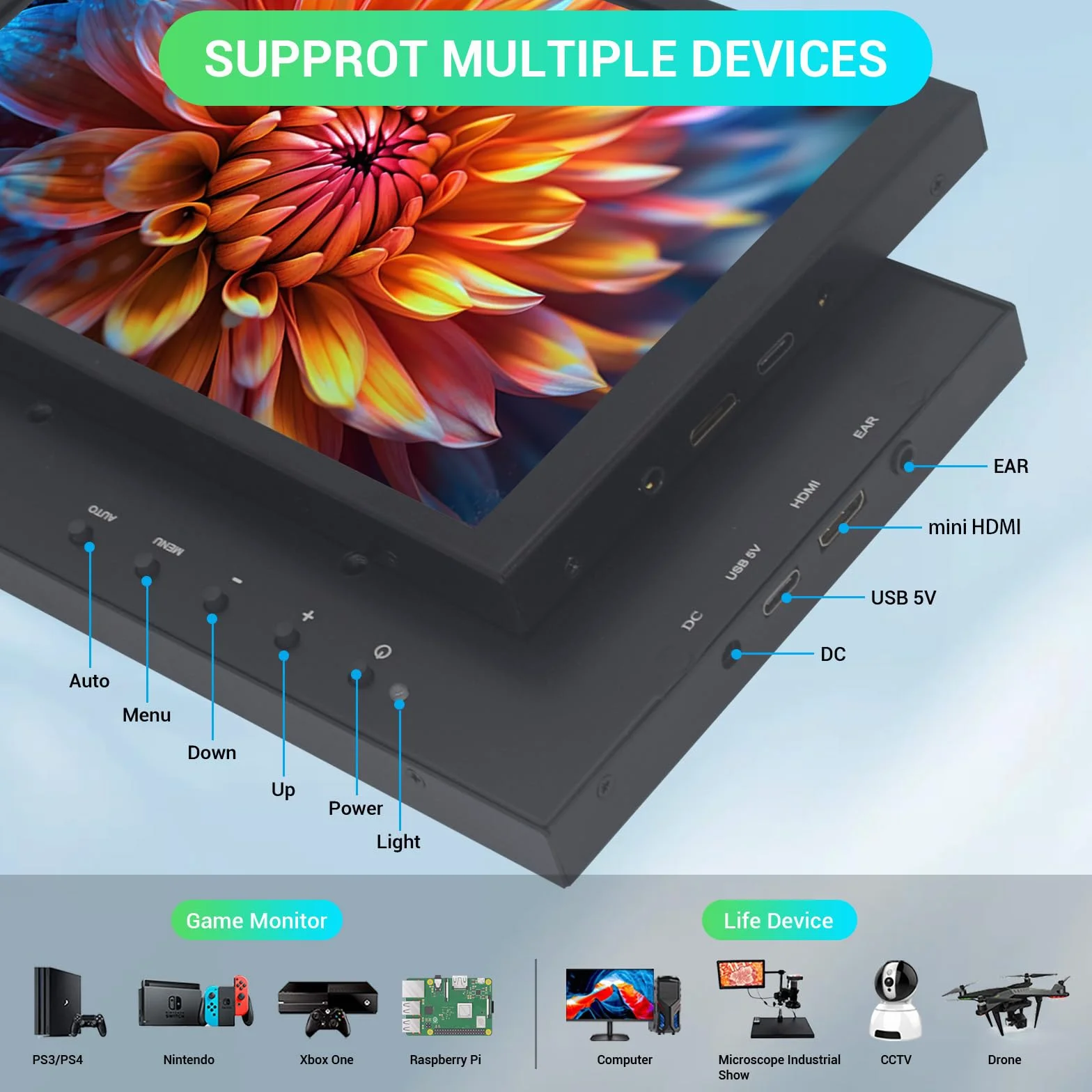 Mini monitor 8-calowy, mały ekran HDMI, rozdzielczość 1280 x 800, przenośny monitor do laptopa PC, kompatybilny z konsolami do gier Raspberry Pi