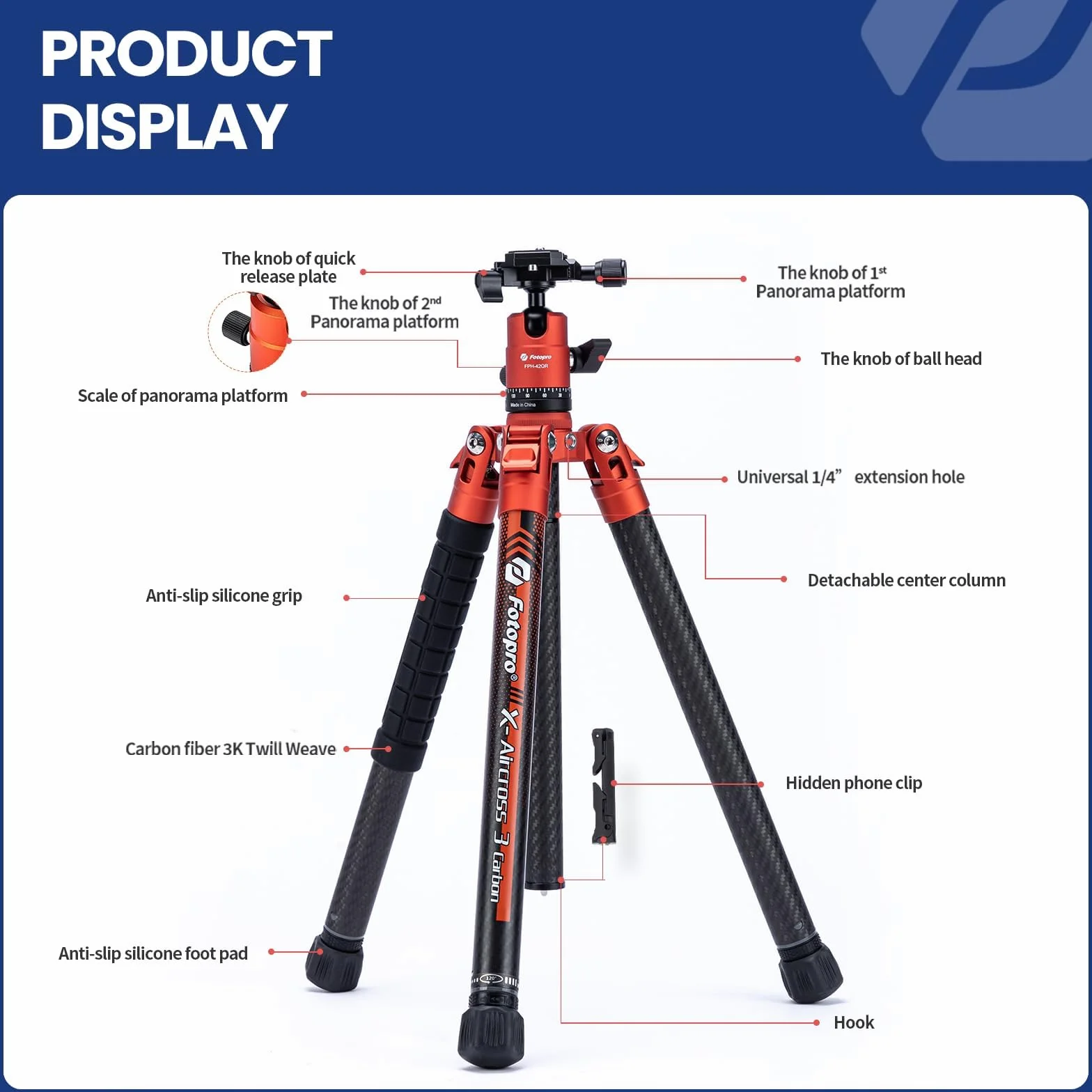 Fotopro 163 cm statyw do kamery z włókna węglowego z kulą monopodu 360 1/4 płyta szybkiego uwalniania, lekki statyw podróżny do aparatu, maksymalne obciążenie 12 kg X Aircross 3 pomarańczowy