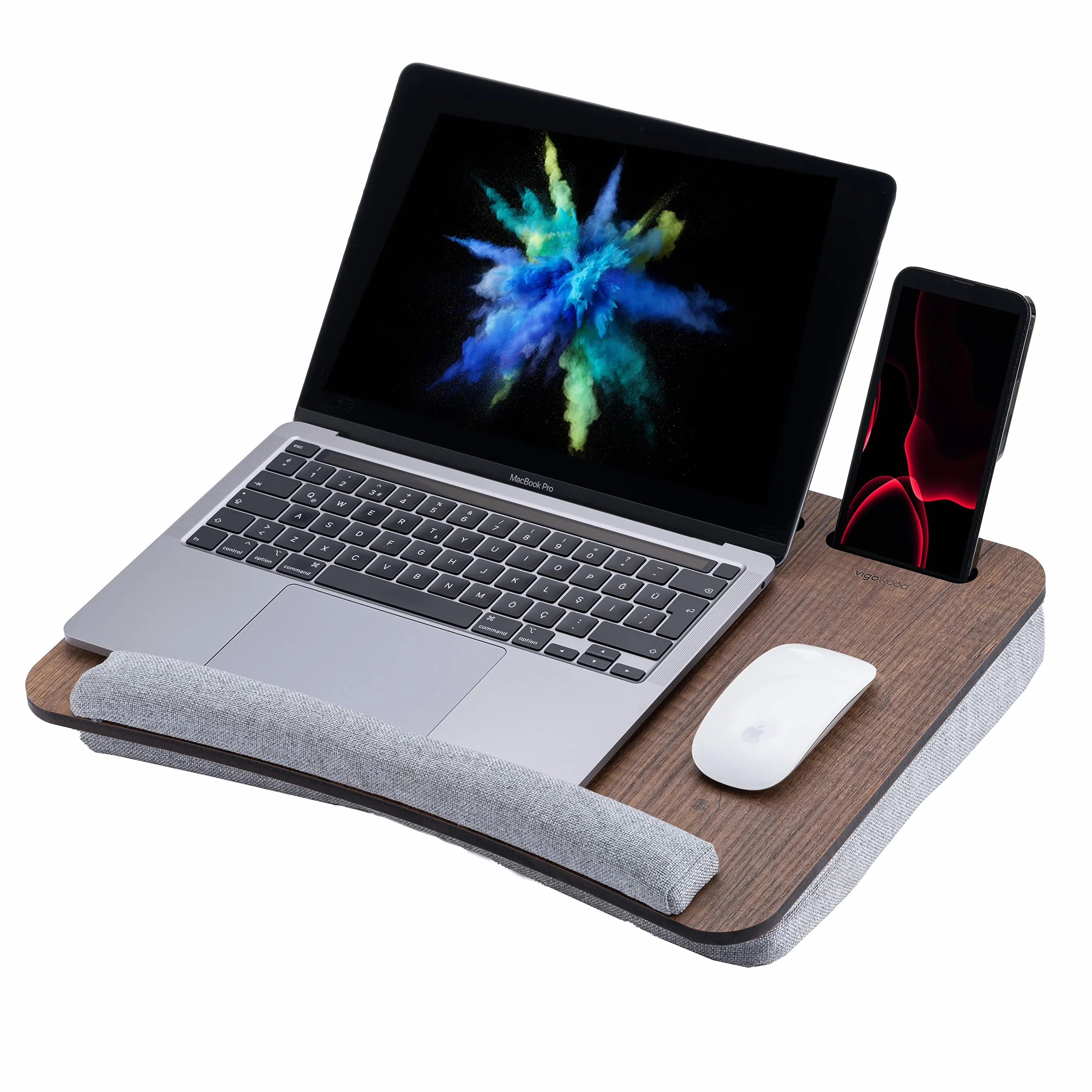 Vigo Wood Drewniana Taca na Laptopa 15,6'' z Poduszką, Biurko na Kolana z Uchwytami na Tablet i Telefon, Idealne do Łóżka i Kanapy