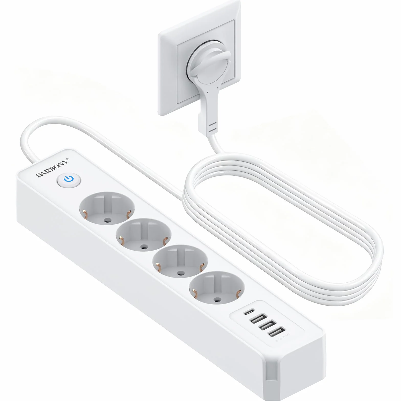 Darbony Listwa zasilająca z 4 gniazdami USB, z przełącznikiem, 4-krotna, ochrona przed przepięciem, 3680 W, 16 A, z gniazdem rozdzielającym USB C, do biura, odtwarzacz CD, kabel 1,8 m, biała
