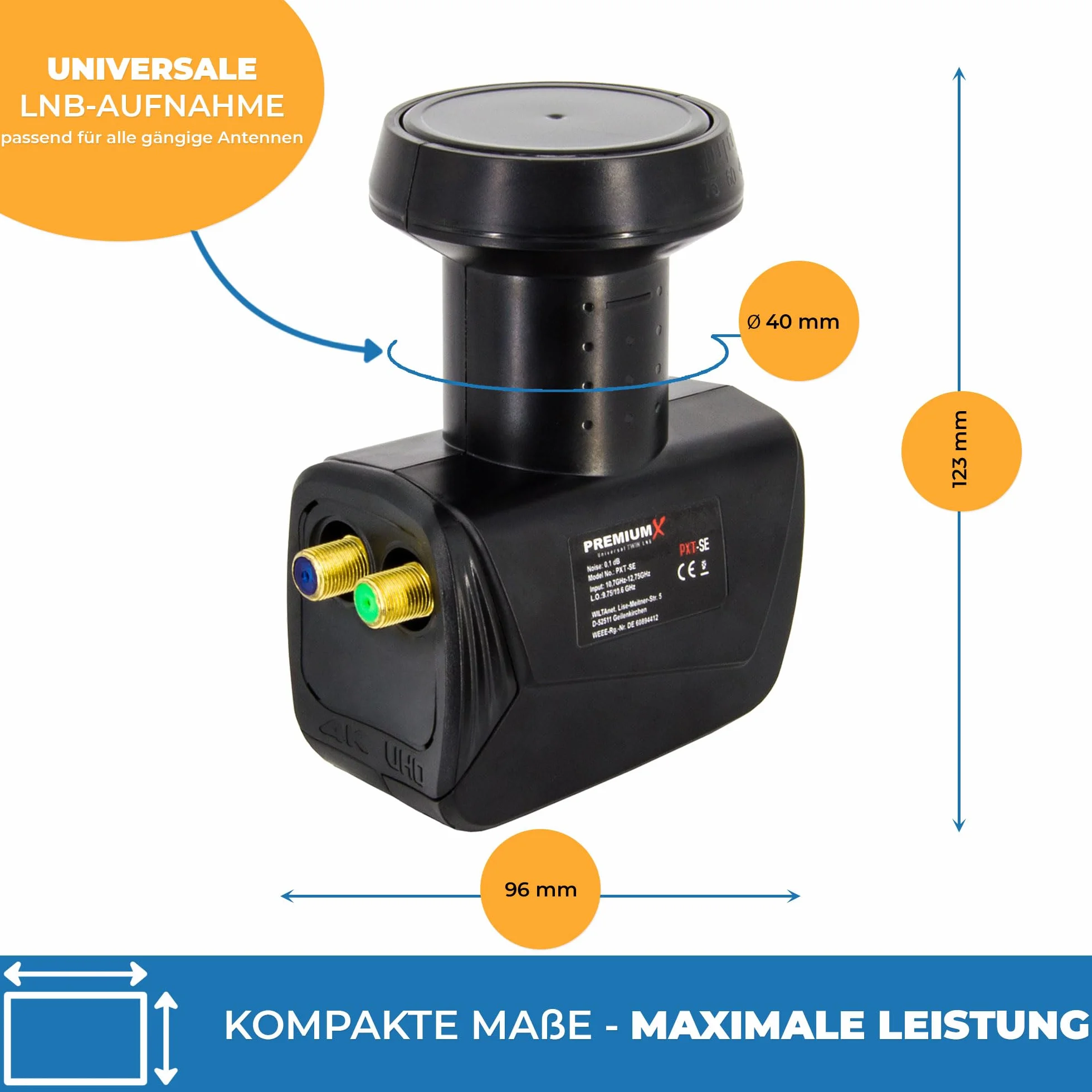PremiumX Twin LNB dla 2 użytkownika – Konwerter sygnału telewizyjnego z ochroną przed warunkami atmosferycznymi – Cyfrowy odbiornik satelitarny w kolorze czarnym – DVB-S2 8K UHD 4K Full HD