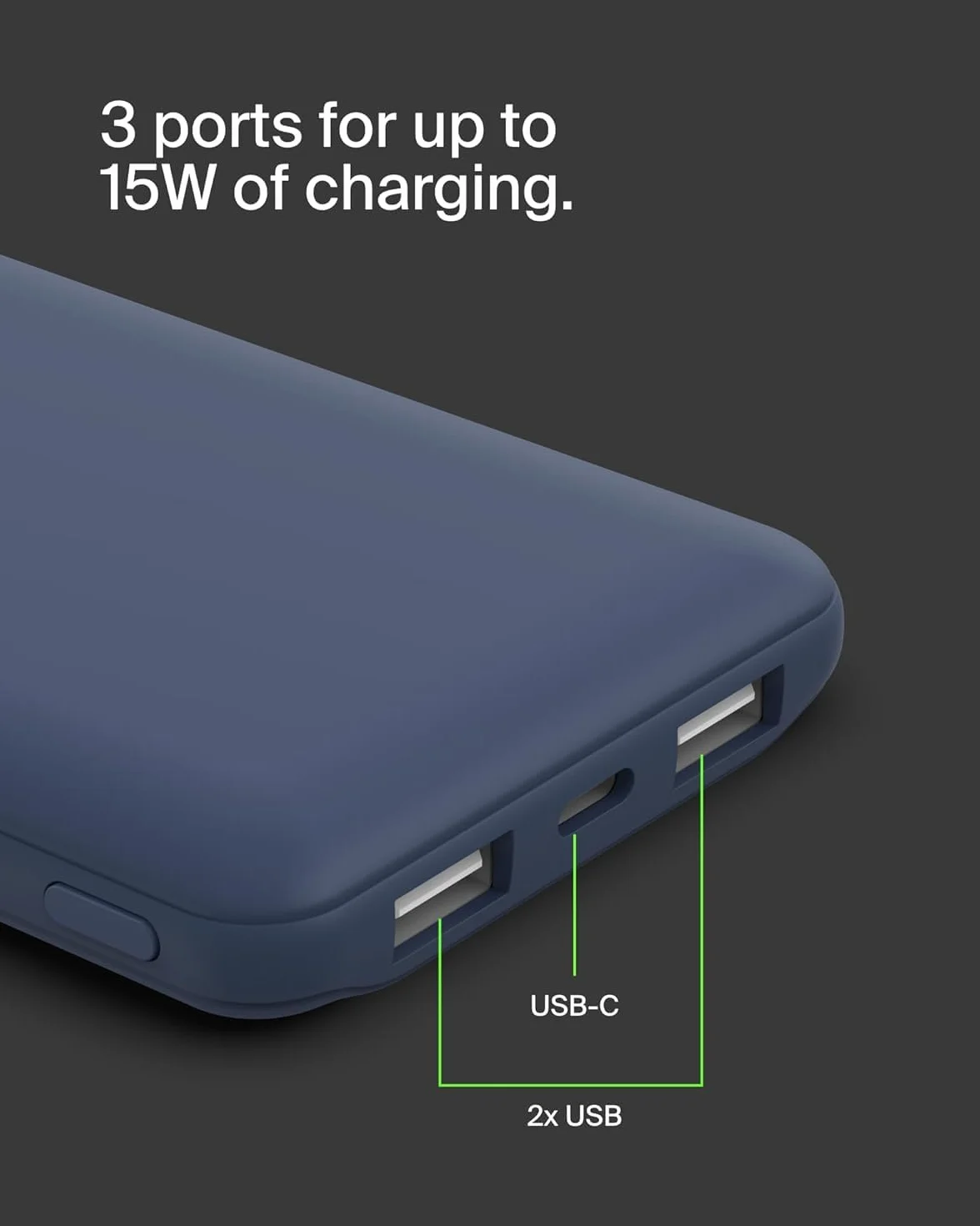 Belkin BoostCharge Przenośny powerbank USB-C 10K z 1 portem USB-C, 2 portami USB-A i kablem USB-A – USB-C, do urządzeń iPhone 15, 15 Plus, 15 Pro, 15 Pro Max, Samsung Galaxy S24 i innych – Niebieski
