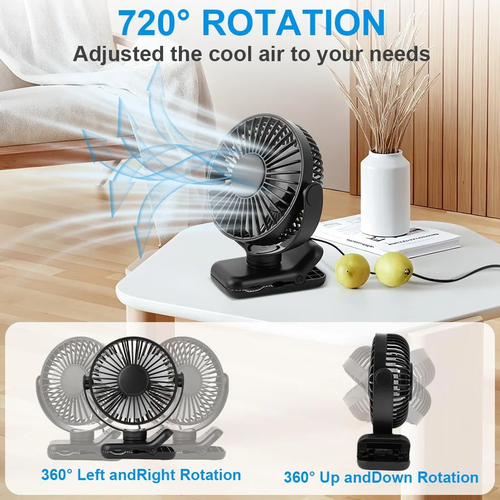AXFEE wentylator USB, mini wentylator stołowy, cichy, z klipsem, wentylator obrotowy 360°, 3 prędkości, silny wiatr, wentylator stołowy, do domu, biura, sypialni, stołu, pulpitu