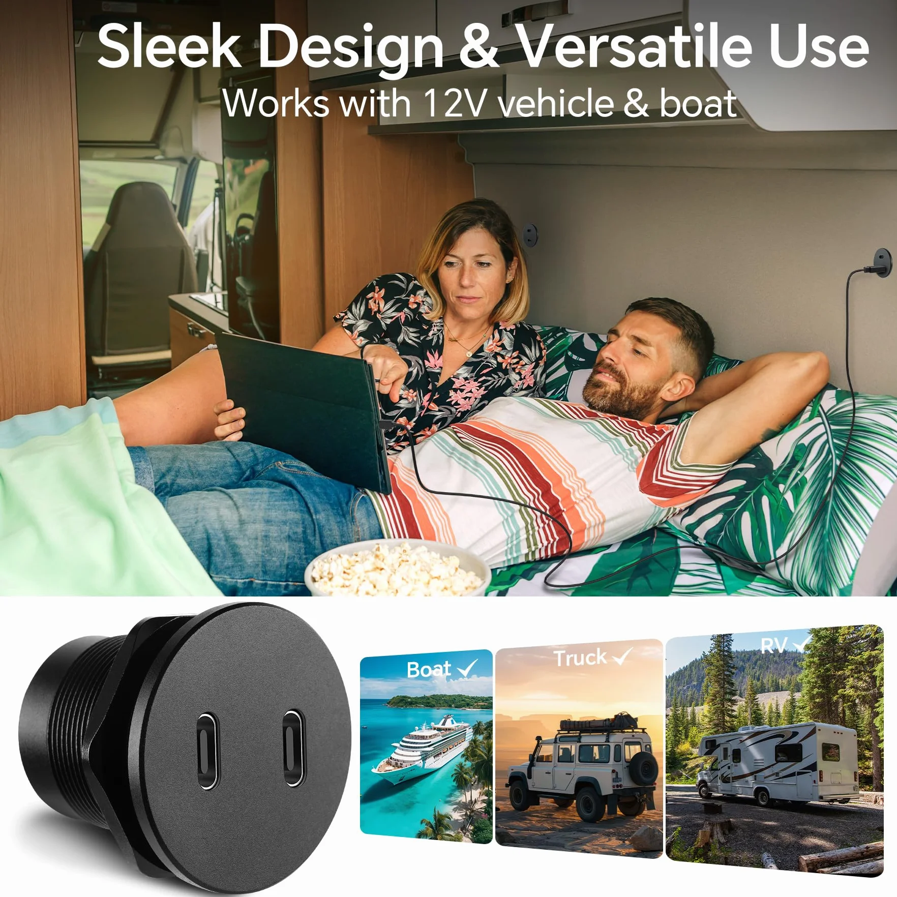 Gniazdo USB C 12V 40W, gniazdo USB, całkowicie aluminiowe, podwójne typu C, PD 3.0 20W, szybka ładowarka, do kampera, furgonetki, przyczepy kempingowej, ciężarówki (1 opakowanie)