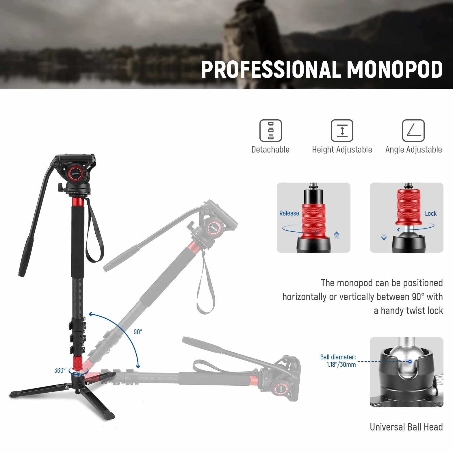 NEEWER Monopod do aparatu 71,6 cala teleskopowy monopod z włókna węglowego z szybkim uwalnianiem płyta do DJI RS Gimbals Manfrotto zdejmowana podstawa do kamery wideo, maksymalne obciążenie