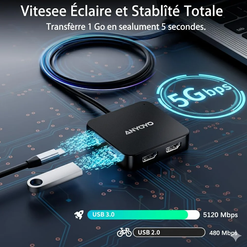 Anyoyo Stacja dokująca USB C Dual HDMI 4K 60 Hz, koncentrator z długim kablem 60 cm do biura, stacja dokująca 6 w 1 PD 100 W, 2 USB 3.0, wieloportowy adapter typu C do MacBook Air/Pro M1 M2 M3, Dell