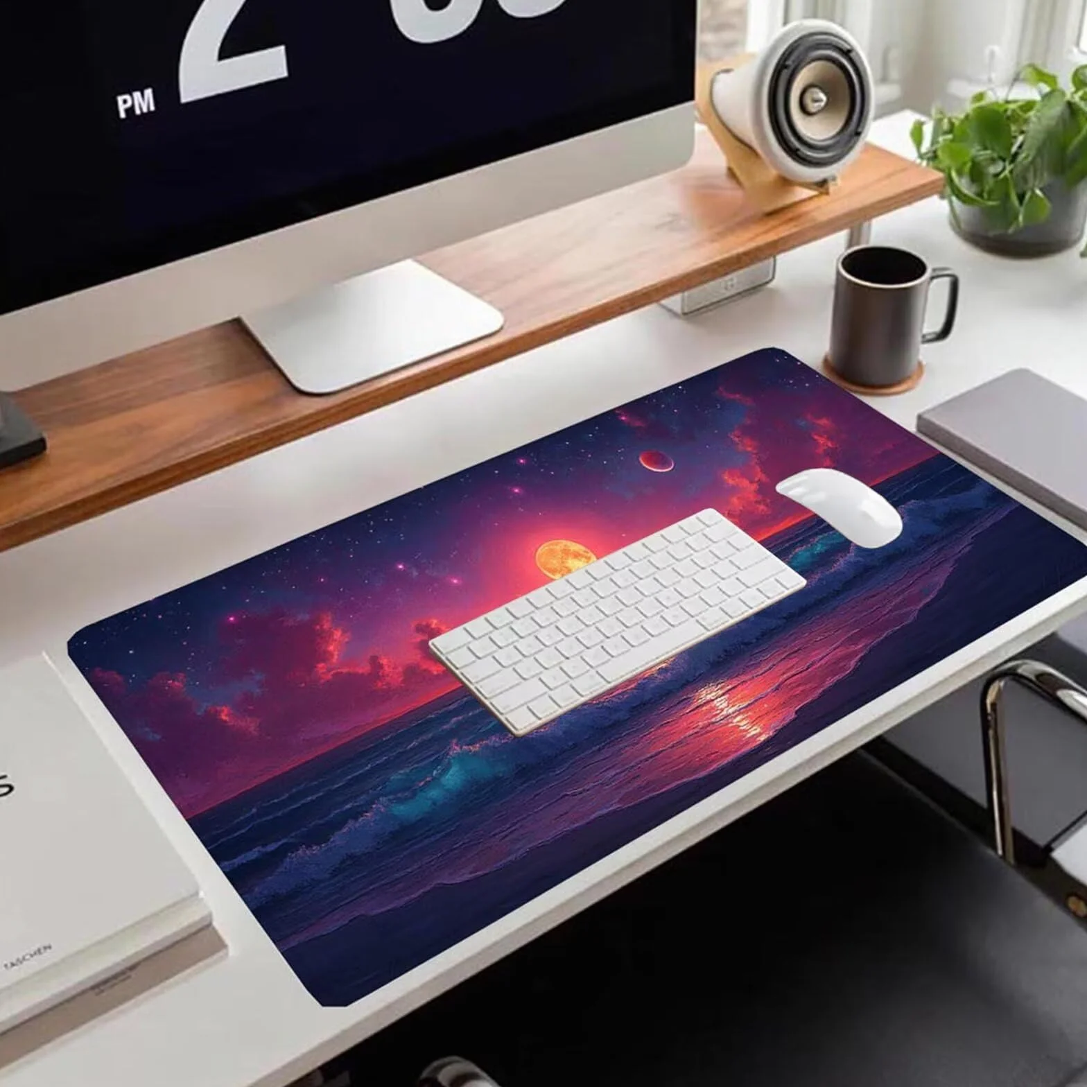 Gamingowa podkładka pod mysz 1200 x 600 x 3 mm, XXL, wodoszczelna, odporna na ścieranie, ze zszytymi krawędziami, podkładka na biurko, poprawia prędkość i precyzję, do komputera, wzór zachodu słońca