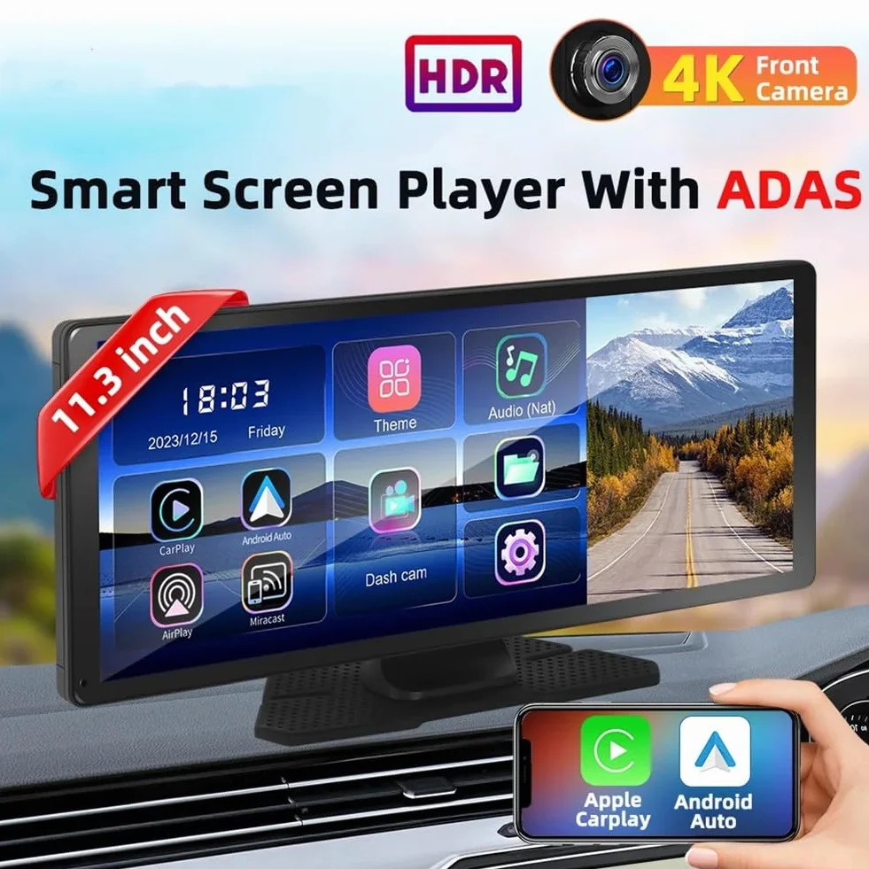 Przenośny inteligentny samochodowy odtwarzacz multimedialny 11,3 bezprzewodowy Carplay Android Auto 4K DVR kamera samochodowa ADAS lustro link Bluetooth FM zamiennik