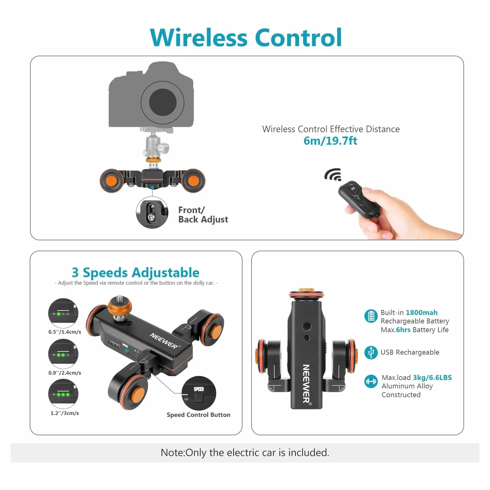 NEEWER Bezprzewodowa kamera wideo z 3 kółkami, 3 biegi, zmotoryzowana szyna elektryczna Dolly Auto z pilotem zdalnego sterowania, kompatybilna z kamerą DSLR, kamerą Gopro iPhone, smartfonem (czarny)