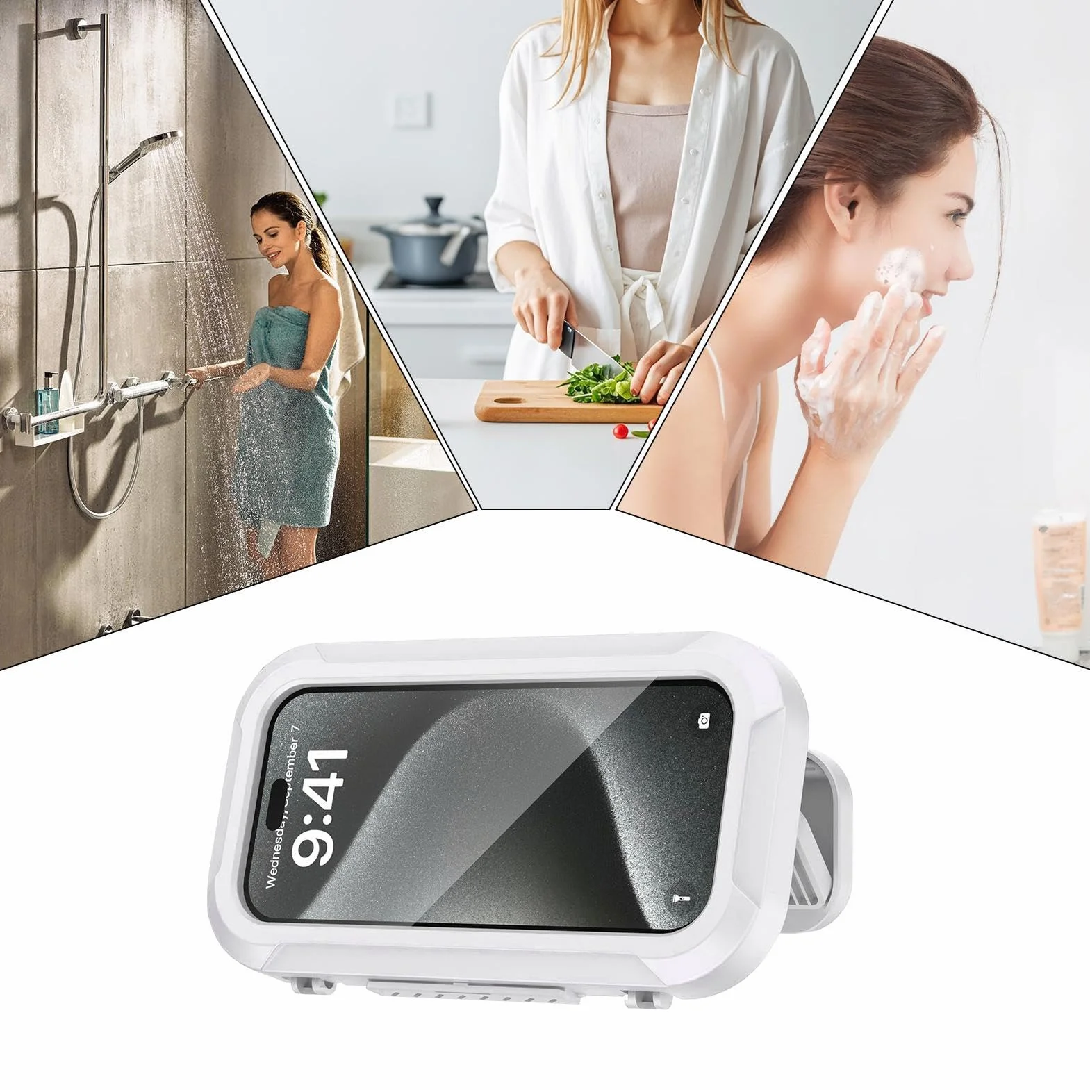 Générique Uchwyt na telefon pod prysznic wodoodporny, obrotowy pokrowiec na telefon z 360 stopni, montowany na ścianie bez dziurkowania wysuwany uchwyt na telefon, uchwyt na ekran dotykowy do łazienki