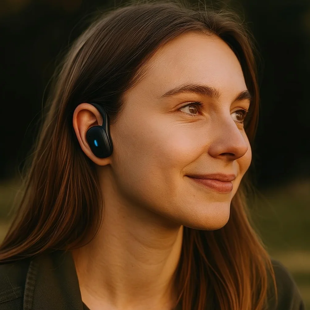 E1 Open Ear, słuchawki bezprzewodowe douszne z mikrofonem, Bluetooth, zaczepy, 54 godzin odtwarzania, szybkie ładowanie, wodoodporność IPX5, z etui, czarne