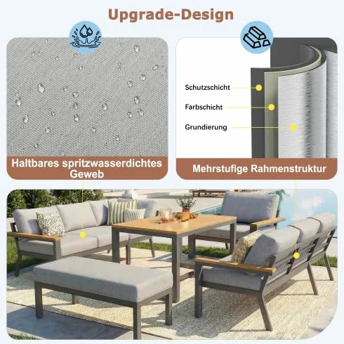 vutizal 8-osobowa modułowa sofa w kształcie litery L z 10 cm tapicerką, zestaw mebli ogrodowych na zewnątrz, meble tarasowe i balkonowe, ławka narożna, ręcznie tkana wiklina i stół WPC, płasko
