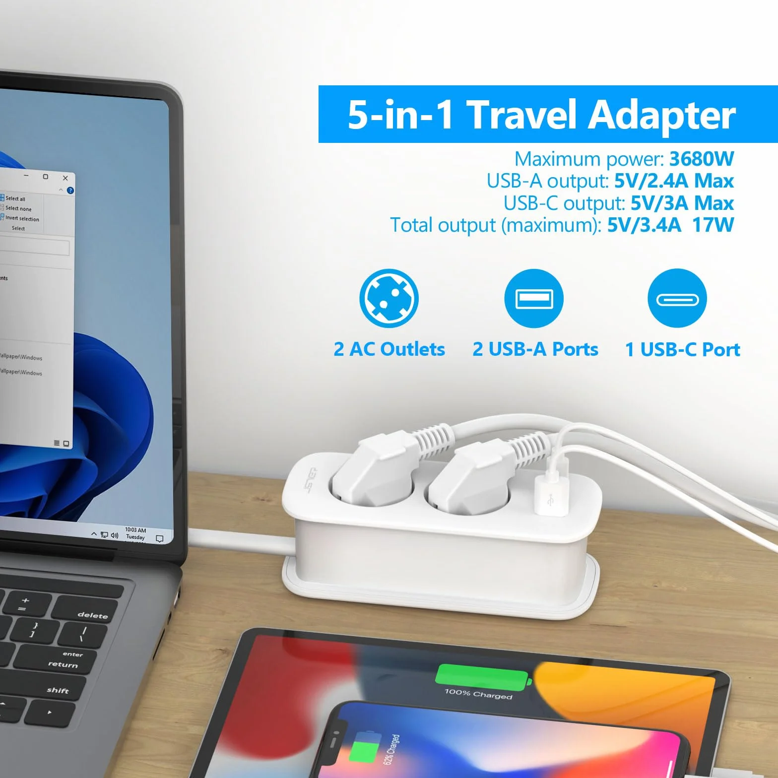 JSVER Travel Plug Adapter USA, Wiele Gniazd z 1 USB C i 2 USB A, 5 w 1 z Chowanym Przedłużaczem, Typ B dla Kanady, Ameryki, Meksyku, Tajlandii, Dominikany-1,5 m (Biały)