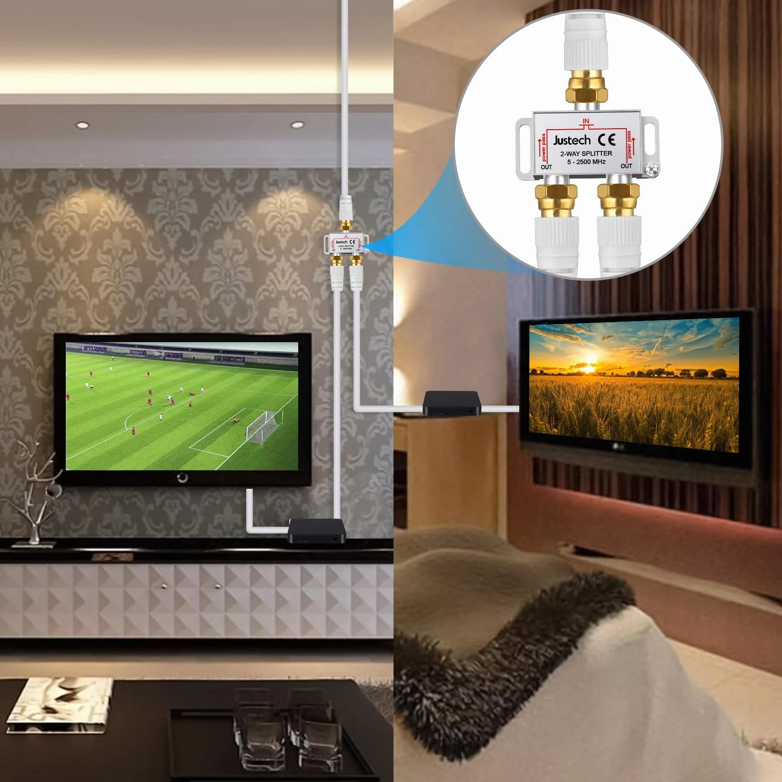 Justech 2-krotny adapter telewizyjny radio F wtyczka kabel antenowy rozdzielacz satelitarny rozdzielacz metalowy rozdzielacz TV w zestawie adapter + kabel + 2 x wtyczka F do wtyczki koncentrycznej + 3