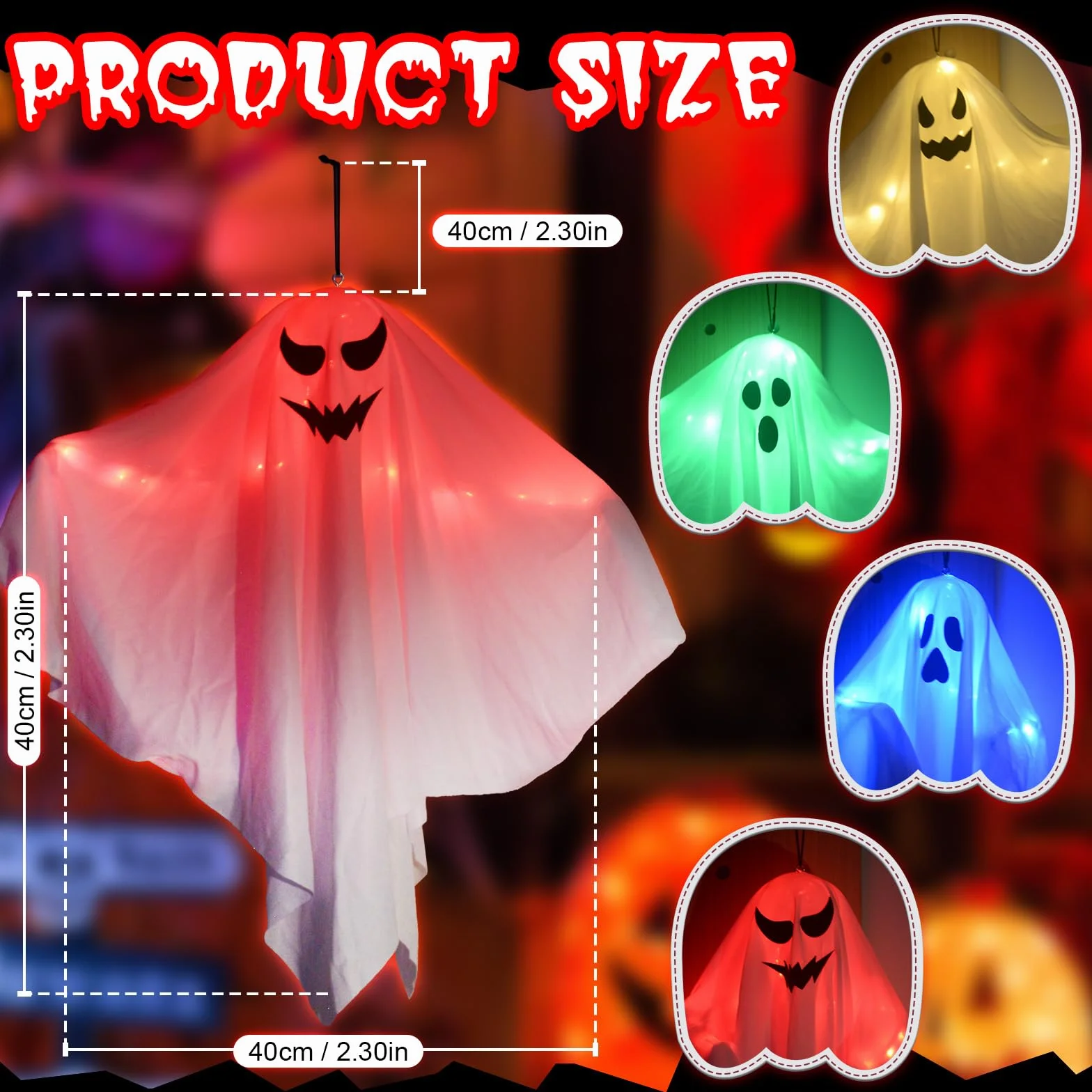 Dekoracyjne duchy LED na Halloween, dekoracja wisząca, 4 sztuki