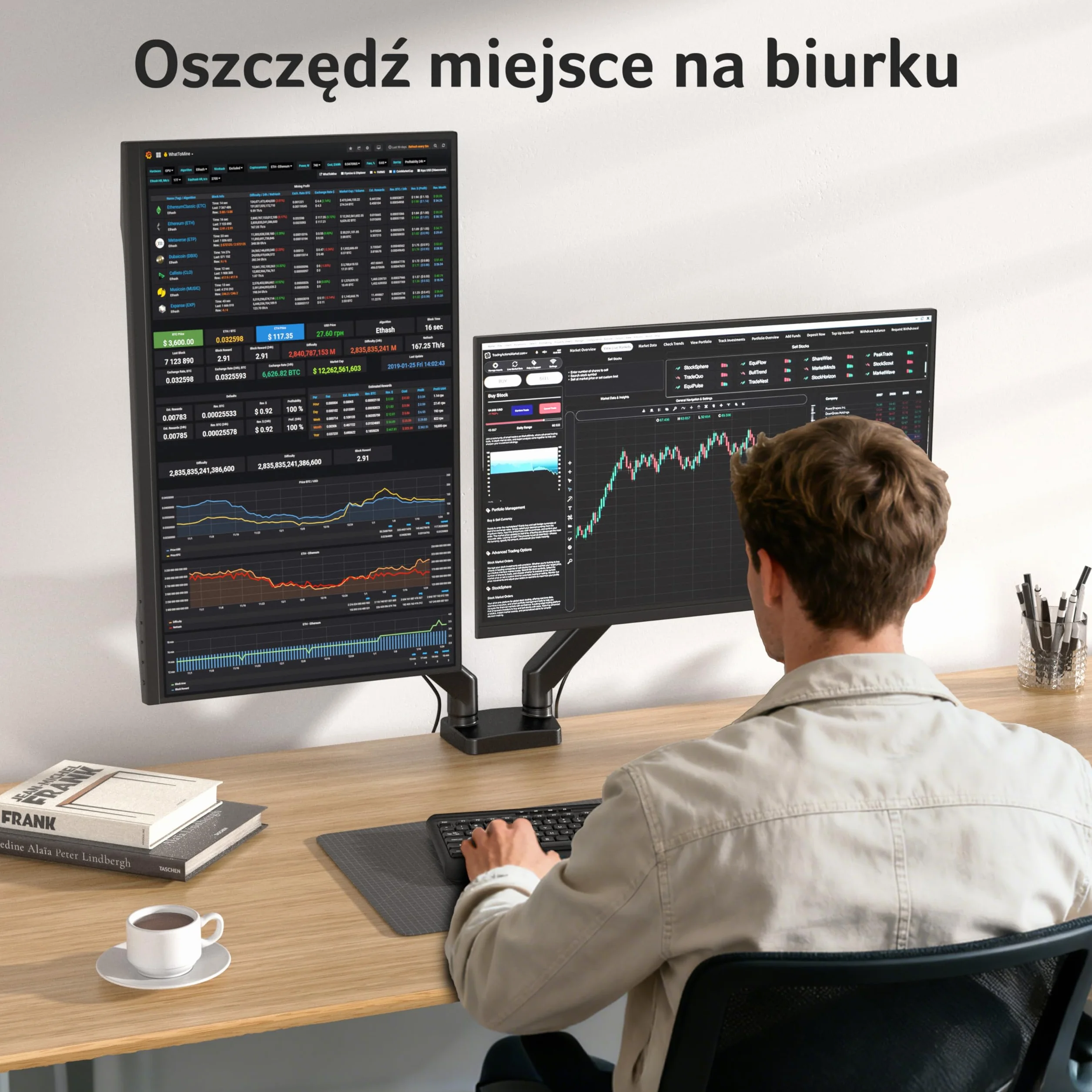 Acer Uchwyt na dwa monitory do ekranów 17-32 cali, obsługuje dwa ekrany | Sprężyna gazowa, do zakrzywionych płaskich ekranów, VESA 75/100 mm, Podstawa z zaciskiem C/przelotką, Nośność 9kg