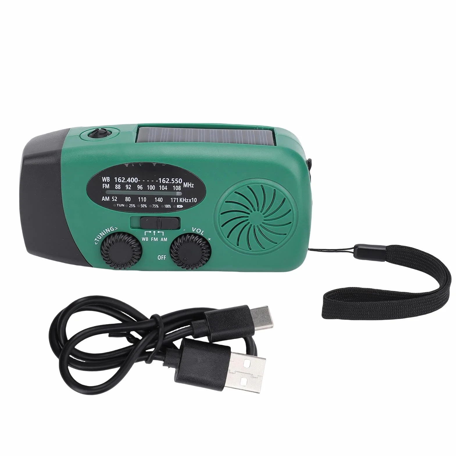Radio Awaryjne z korbką ręczną Zasilane energią słoneczną, Radio z korbką ręczną i latarką LED do zastosowań Awaryjnych z ładowarką do Telefonu Power Bank o Pojemności 2000 MAh, (GREEN)