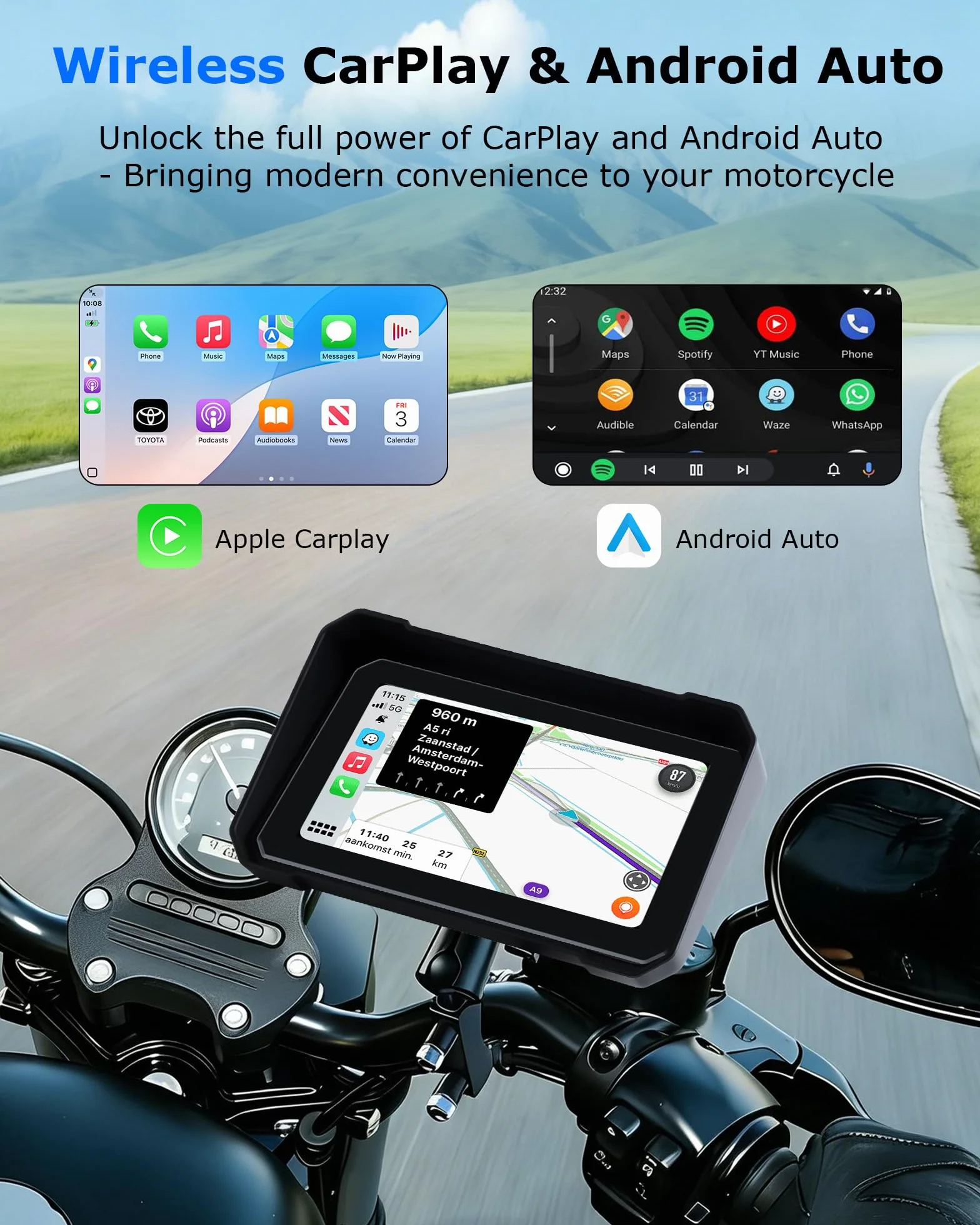 6,3" CarPlay ekran samochodowy do motocykla, z systemem Android, wodoszczelność IP67 | Motocykl wyświetlacz GPS nawigacja do motocykla Siri/Google Assistant obsługa Bluetooth