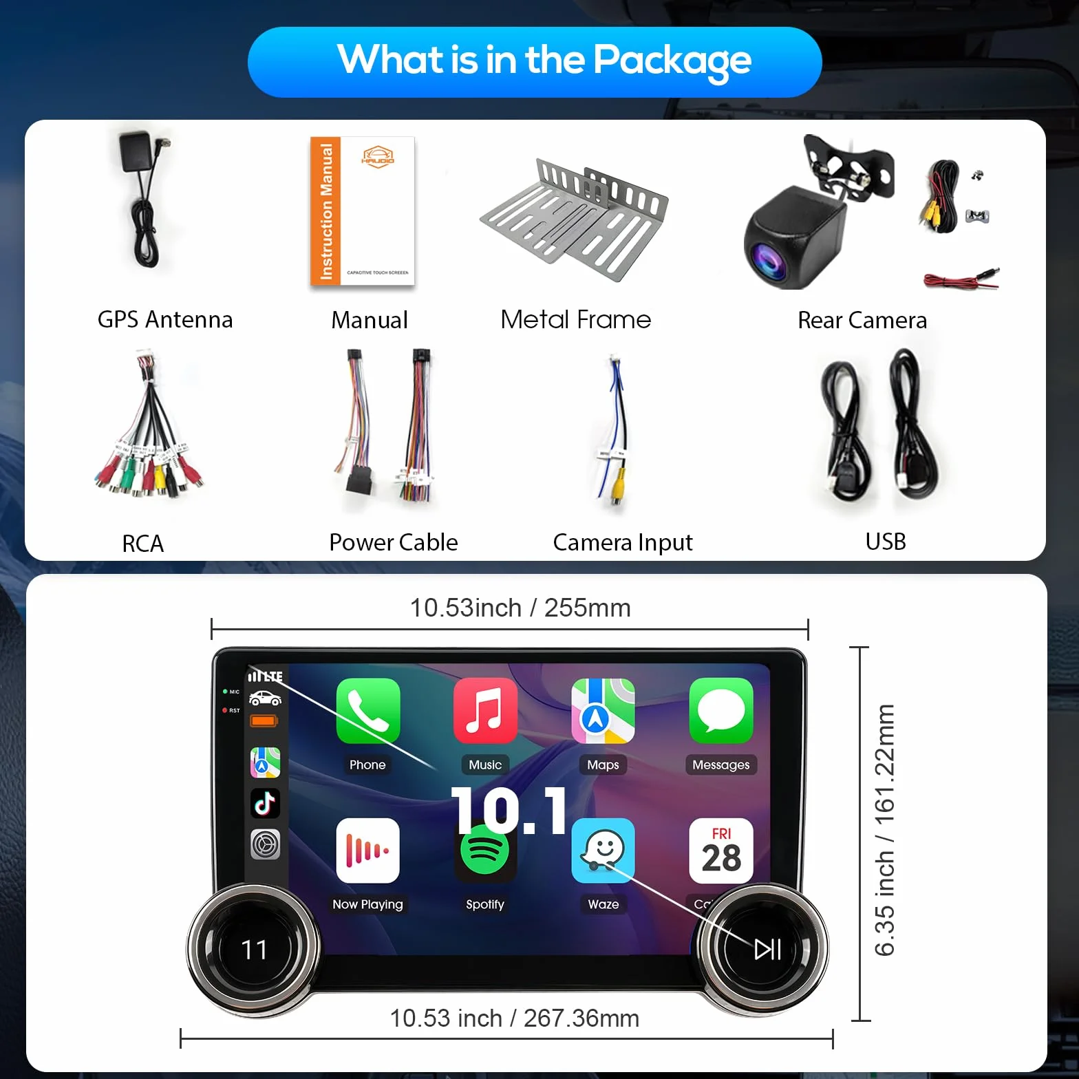 Haudio 10,1-calowe radio samochodowe Android 13 z bezprzewodowym CarPlay i Android Auto, stereo Bluetooth 2 DIN z tylną kamerą, OTA i APK, Mirror Link, asystent głosowy, AM/RDS/FM do wszystkich