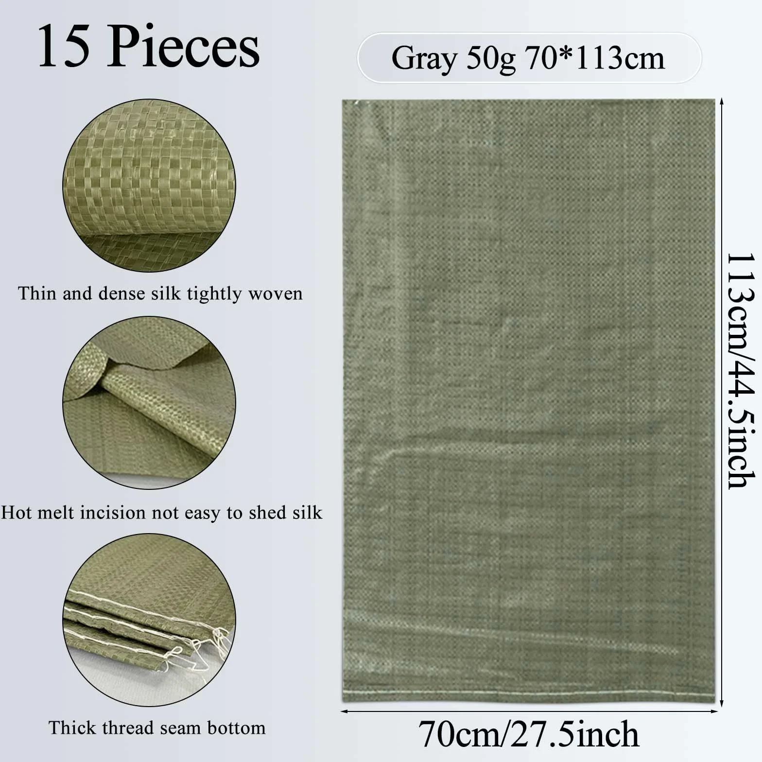 Worki materiałowe, 15 sztuk, ochrona przed powodzią, worki z piaskiem, ochrona przed powodzią, 70 x 113 cm, worki na gruz, worki na piasek, ochrona przed powodzią, duża torba do przechowywania