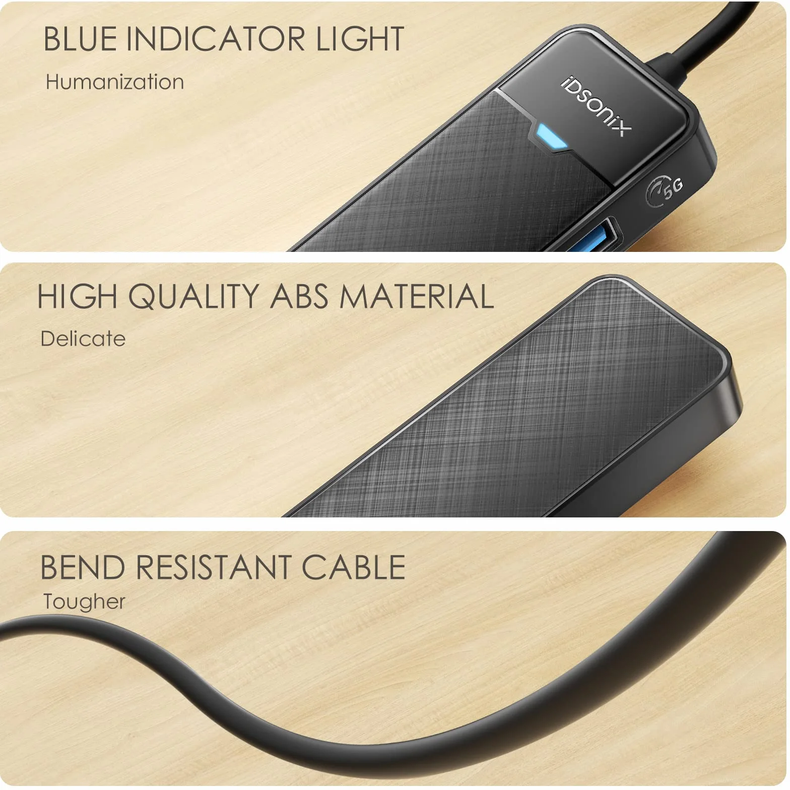 iDsonix Hub USB 3.0 z rozszerzonym kablem o długości 180 cm, 4-portowy hub USB 3.0, ultra cienki rozdzielacz USB, adapter wieloportowy do laptopa, komputera, MacBooka, pendrive'a, czarny