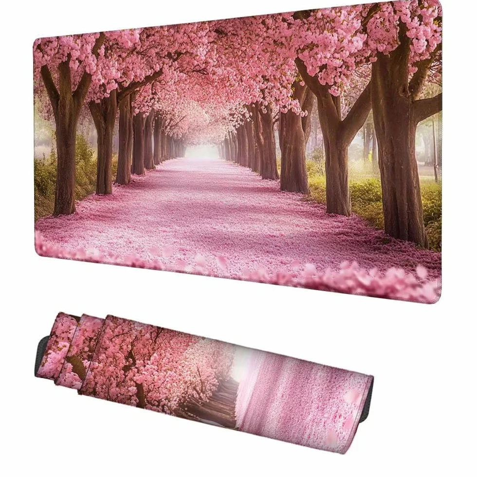 Drzewo podkładka pod mysz 1000 x 500 x 3 mm, podkładka pod mysz dla graczy, różowa podkładka pod mysz XXL, podkładka pod mysz ze zszytymi krawędziami i antypoślizgową gumową podstawą, akcesoria na